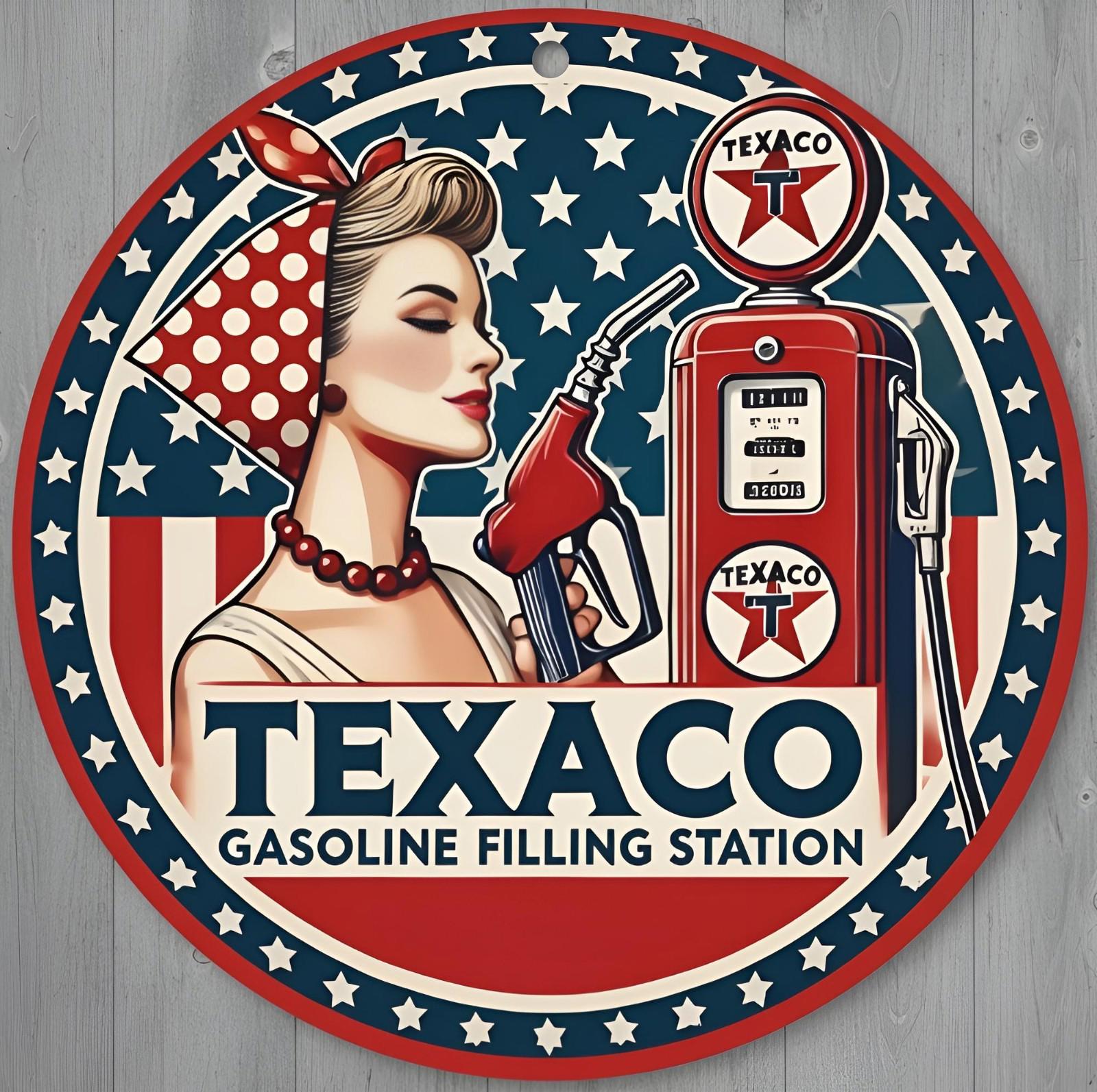 Texaco Gasoline Filling Station 8" Diameter Novelty Metal Sign Made In USA