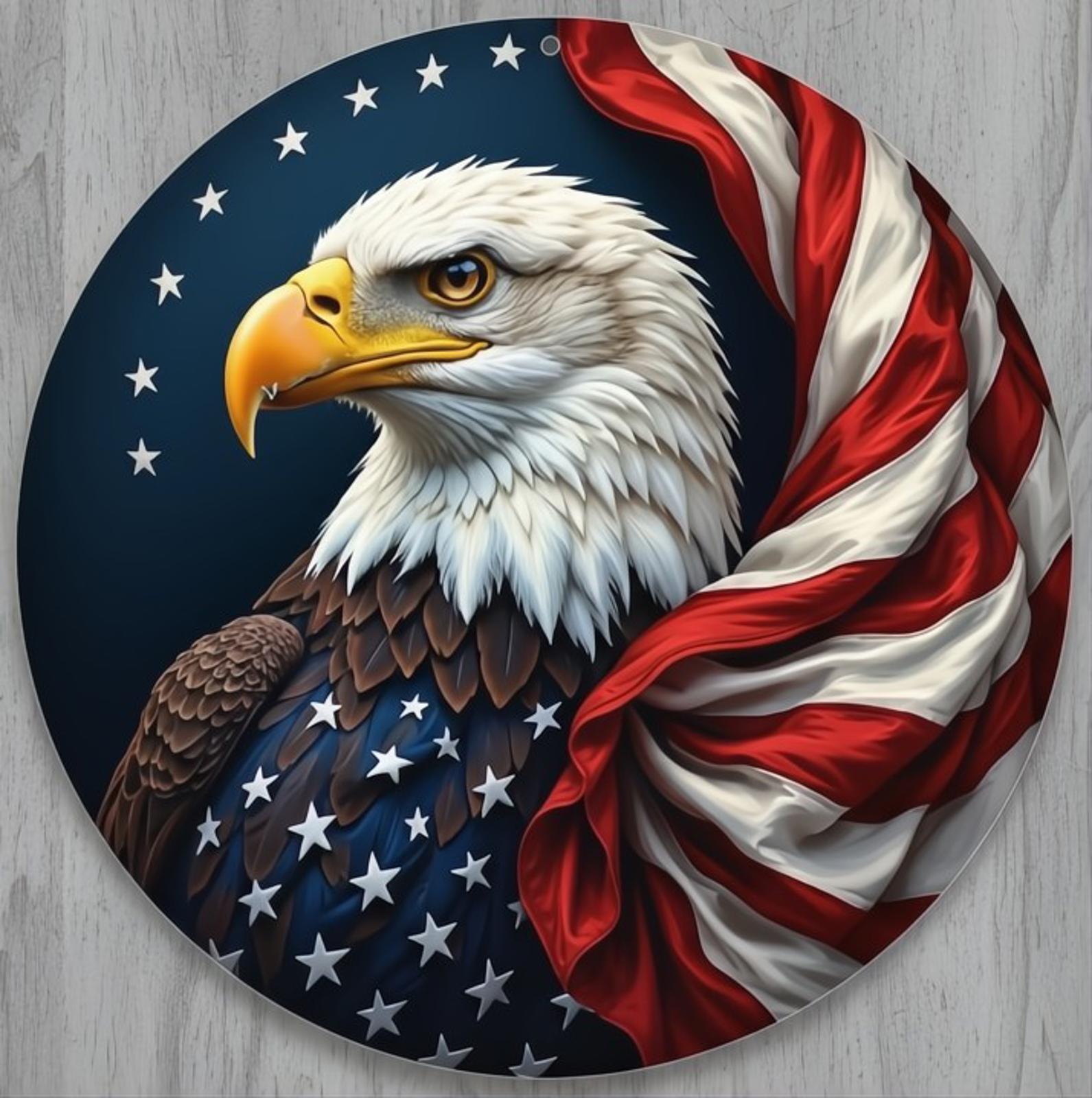 American Bald Eagle Patriotic 8" Diameter Vintage Novelty Metal Sign Made In USA