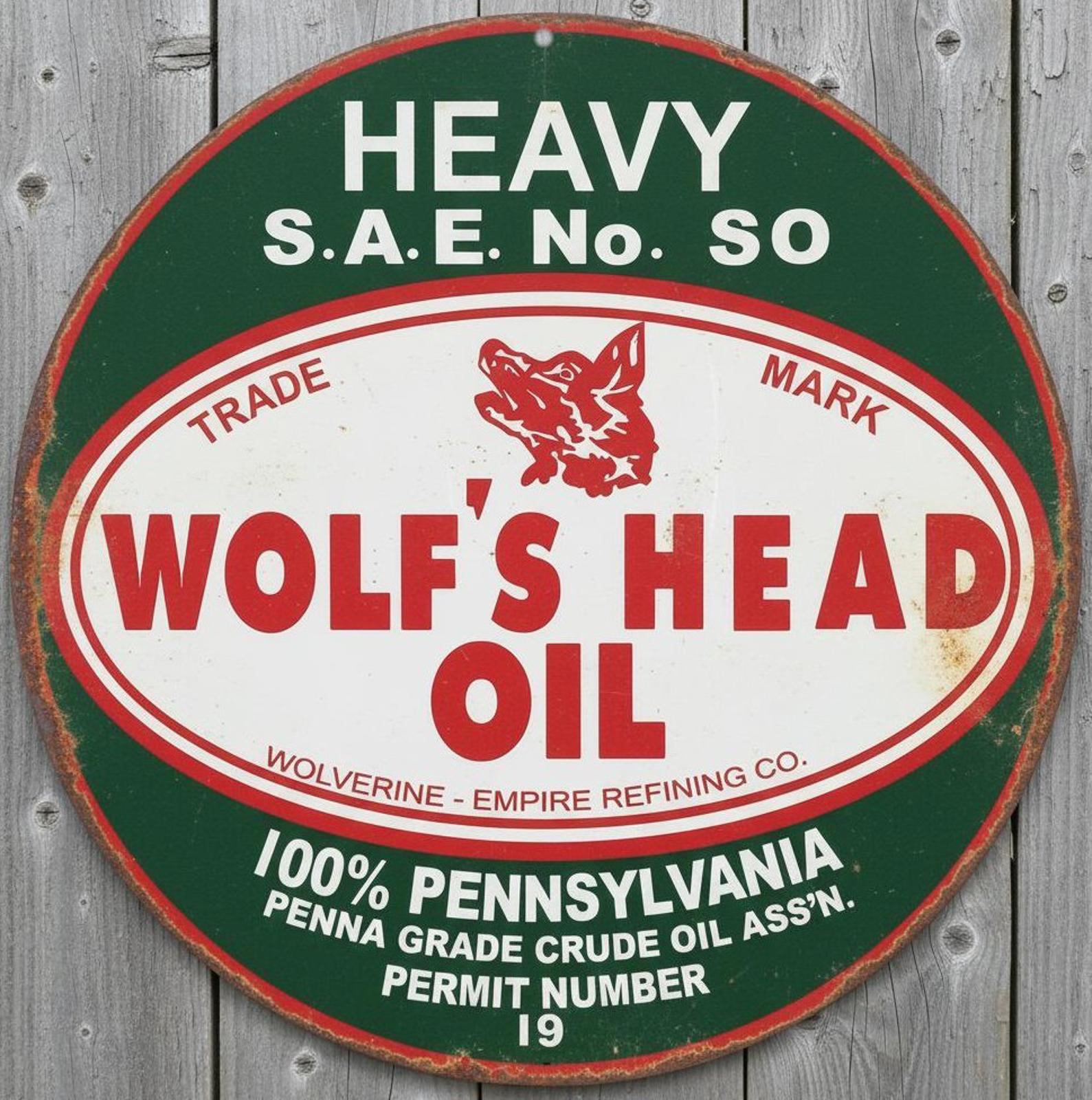 Wolf's Head Oil 12" Diameter Vintage Novelty Metal Sign Made In USA New!