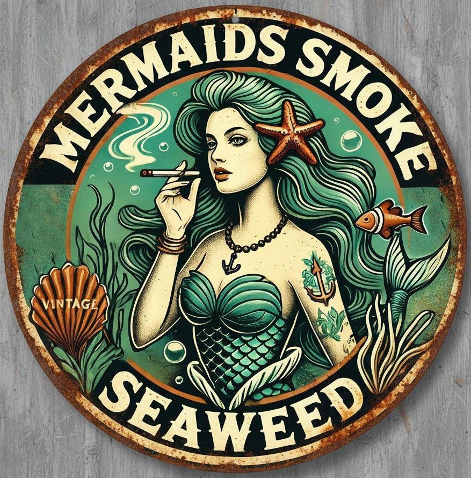 Mermaids Smoke Seaweed 8" Diameter Vintage Novelty Metal Sign Made In USA New!