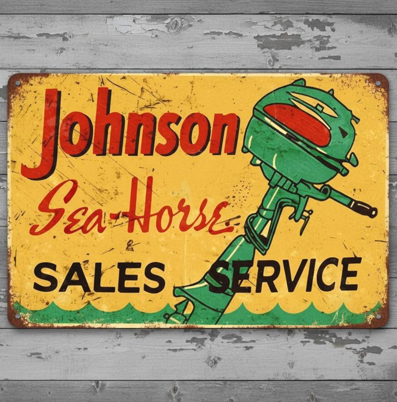 Johnson Sea-Horse Sales Service 8 x 12 Vintage Novelty Metal Sign Made In USA