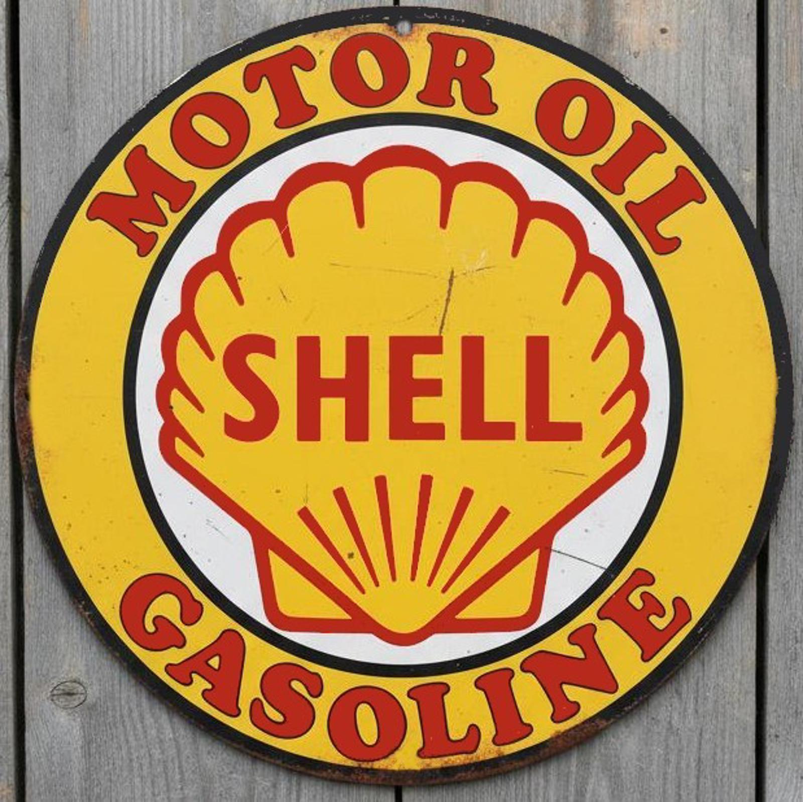 Shell Motor Oil & Gasoline 8" Diameter Vintage Novelty Metal Sign Made In USA