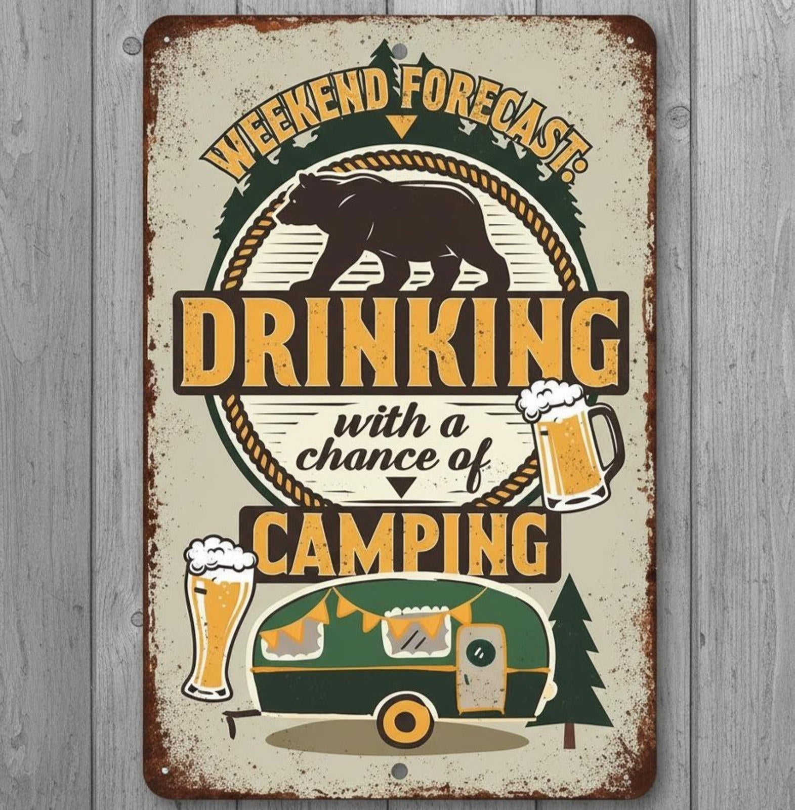 Drinking With A Chance Of Camping 8 x 12 Vintage Novelty Metal Sign Made In USA