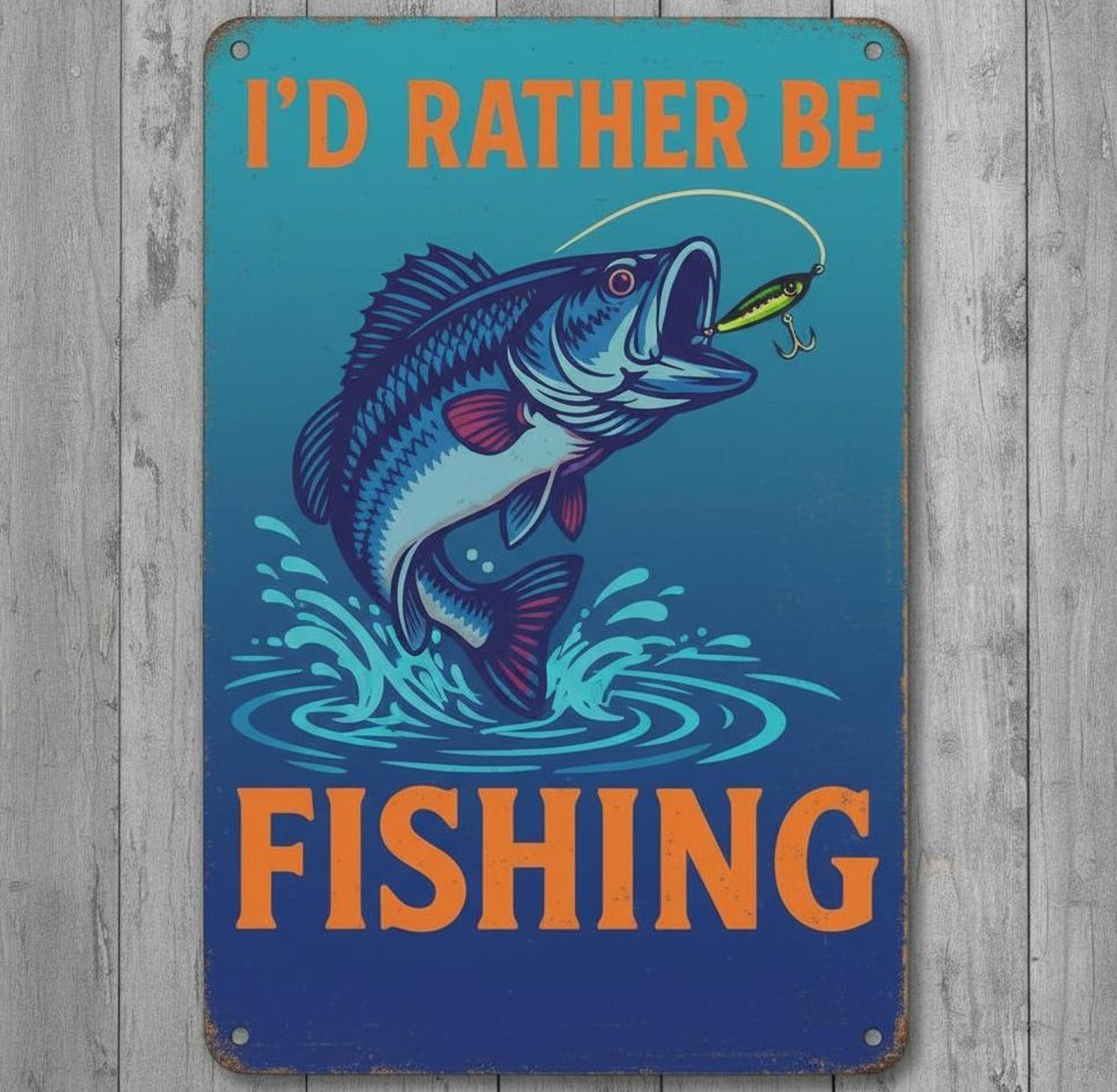 I'd Rather Be Fishing 8 x 12 Vintage Novelty Metal Sign Made In USA New!