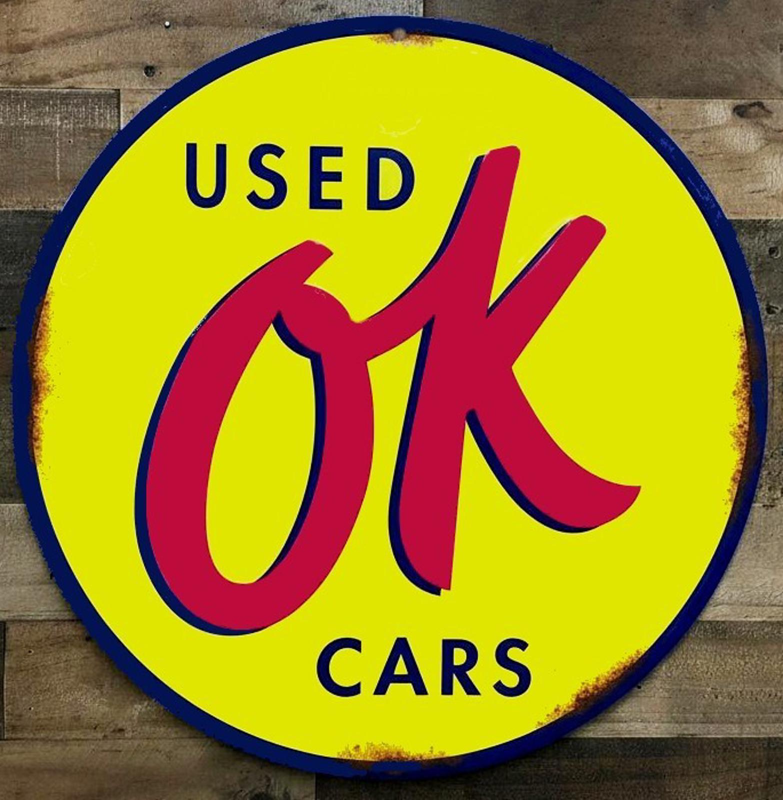 OK Used Cars 8" Diameter Vintage Novelty Metal Sign Made In USA