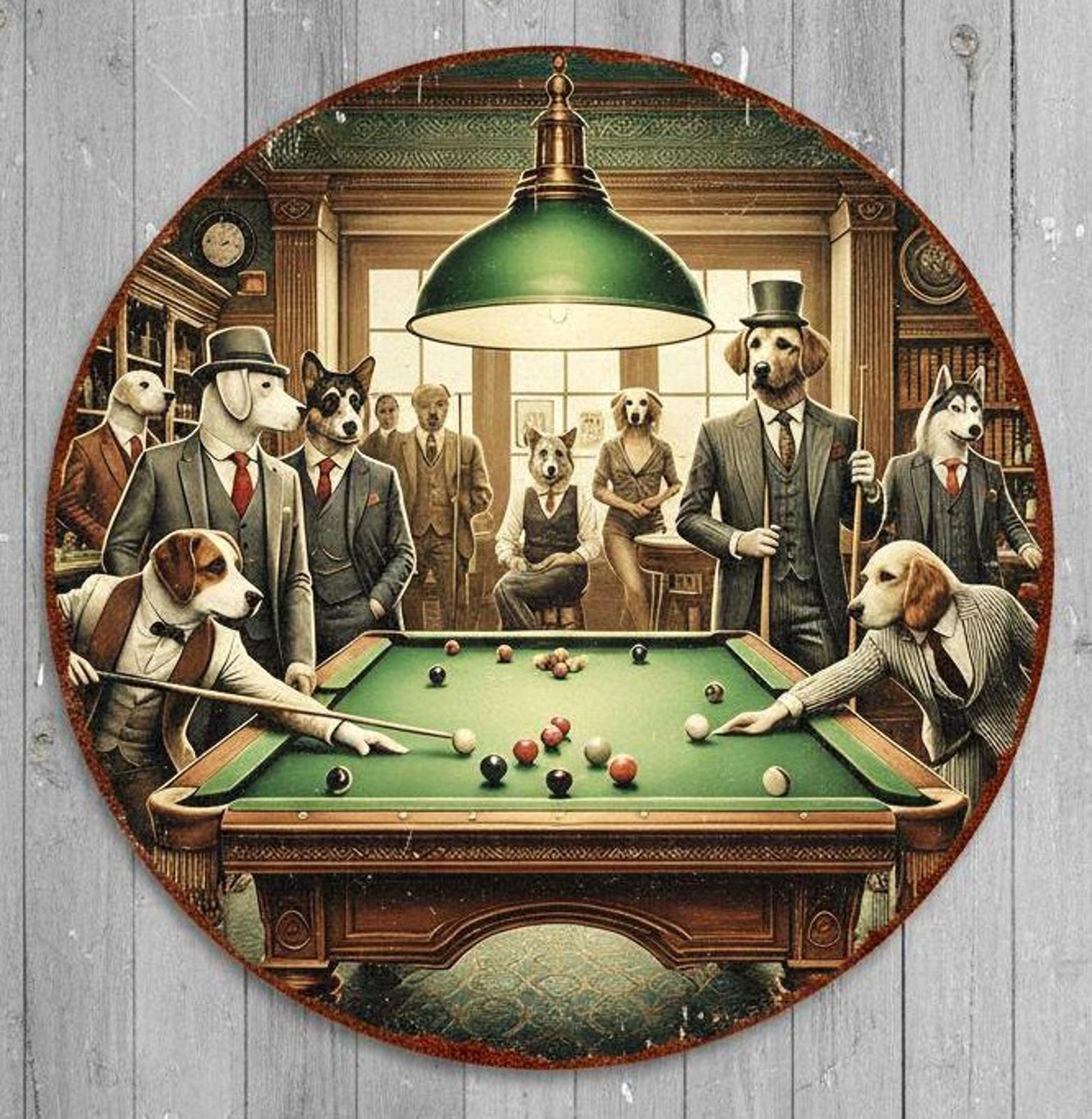 Dogs Playing Pool 8" Diameter Novelty Metal Sign Made In USA New!