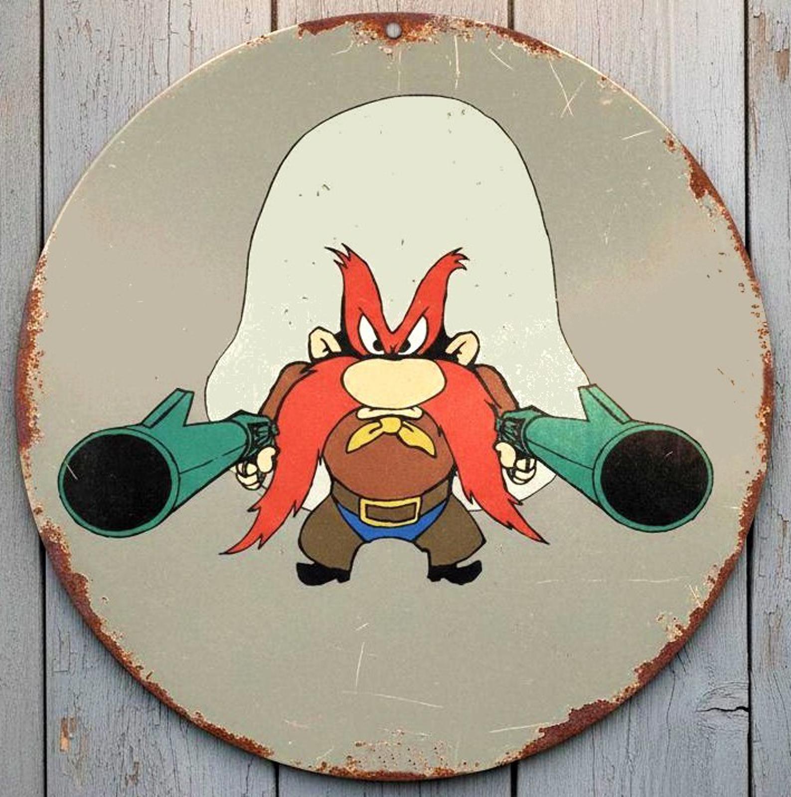 Yosemite Sam 8" Diameter Vintage Novelty Metal Sign Made In USA