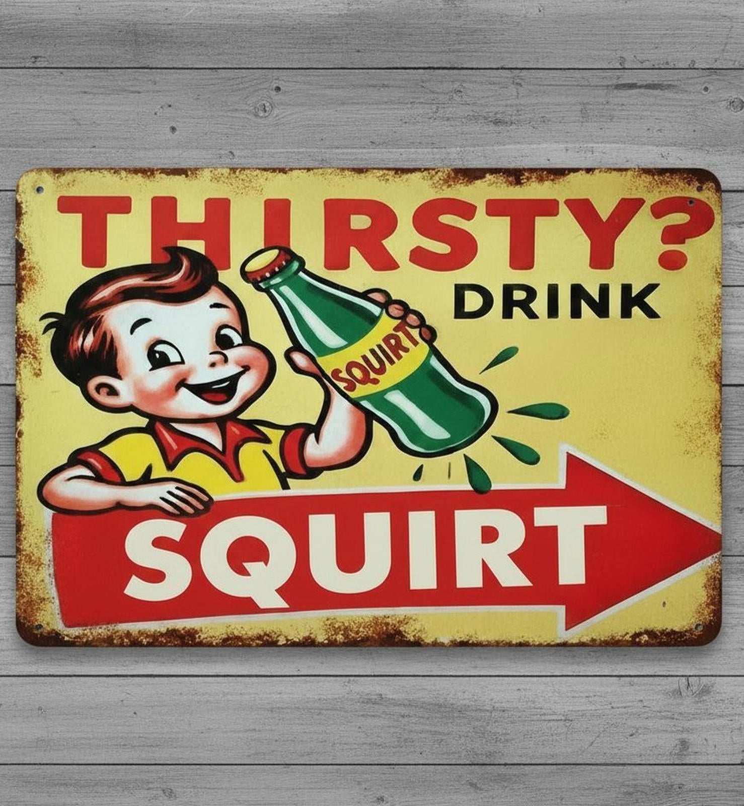 Thirsty? Drink Squirt 8 x 12 Vintage Novelty Metal Sign Shrink-Wrapped New!