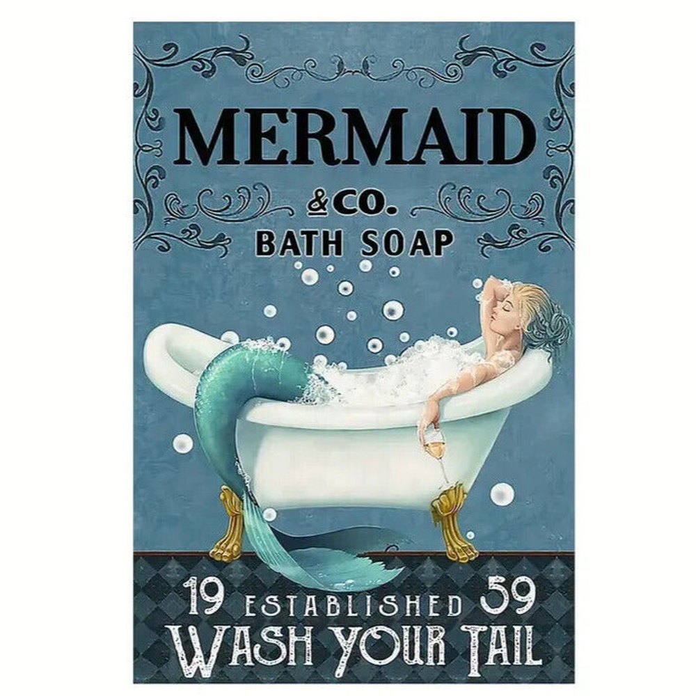 Mermaid & Co. Bath Soap "Wash Your Tail" Novelty Metal Sign 12" x 8" Wall Art Home & Garden:Home Décor:Plaques & Signs Style Your Walls