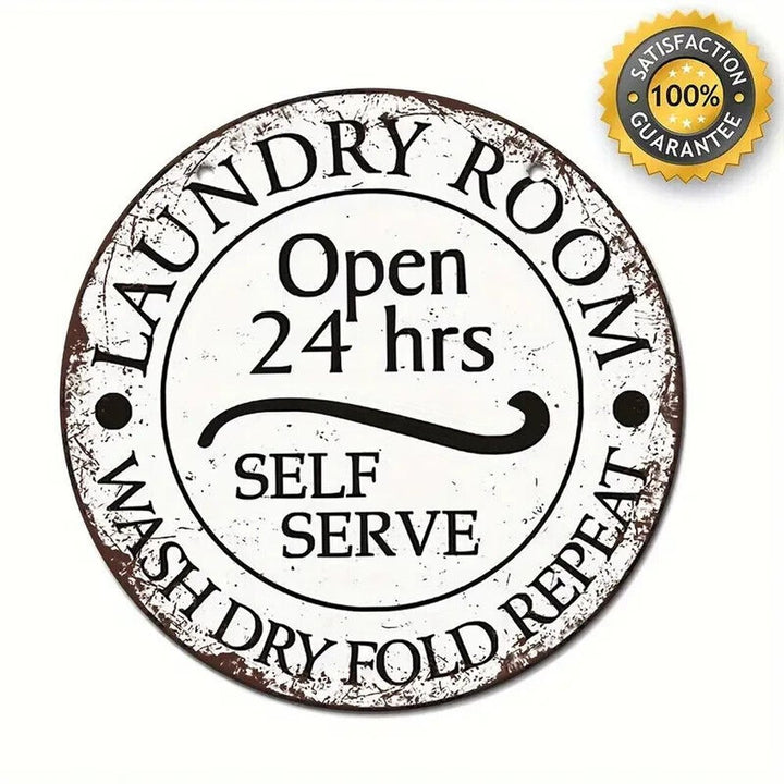 Laundry Room Open 24 Hours Self Serve Vintage Novelty Metal Sign 8 inch Circle Home & Garden:Home Décor:Plaques & Signs Style Your Walls