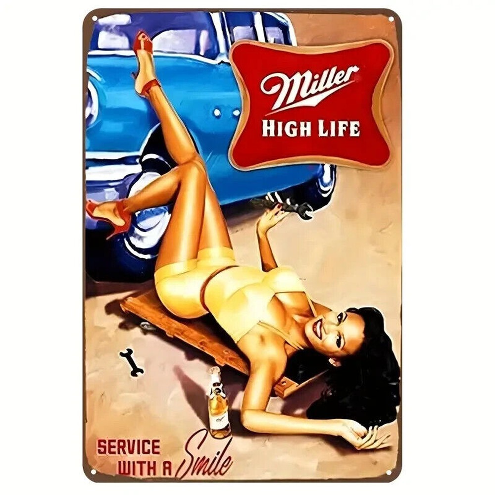 Miller High Life Service With A Smile Novelty Metal Sign 12" x 8" Wall Art Home & Garden:Home Décor:Plaques & Signs Style Your Walls