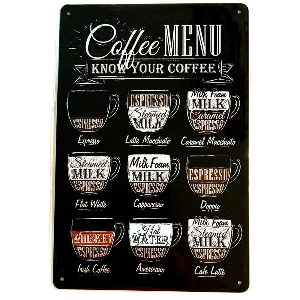 Coffee Menu Know Your Coffee 8" x 12" Novelty Metal Sign Home & Garden:Home Décor:Plaques & Signs Style Your Walls