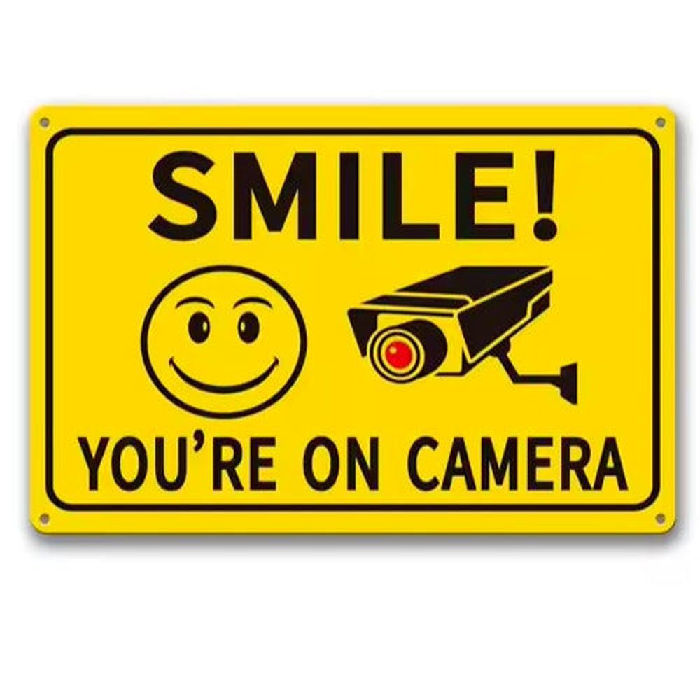 Smile You're On Camera Yellow Security Metal Sign 12" x 8" Wall Art Home & Garden:Home Décor:Plaques & Signs Style Your Walls
