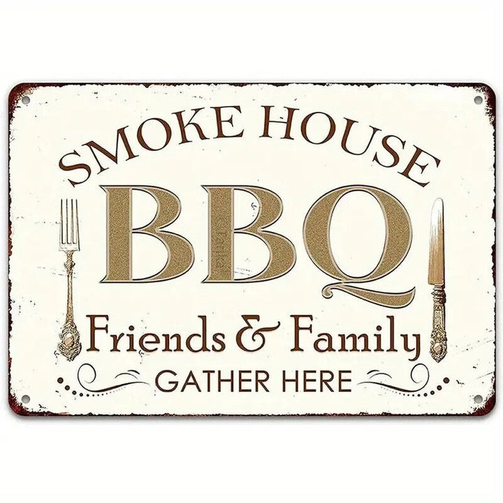 Smoke House BBQ Friends & Family Gather Here Vintage Novelty 8" x 12" Metal Sign Home & Garden:Home Décor:Plaques & Signs Style Your Walls
