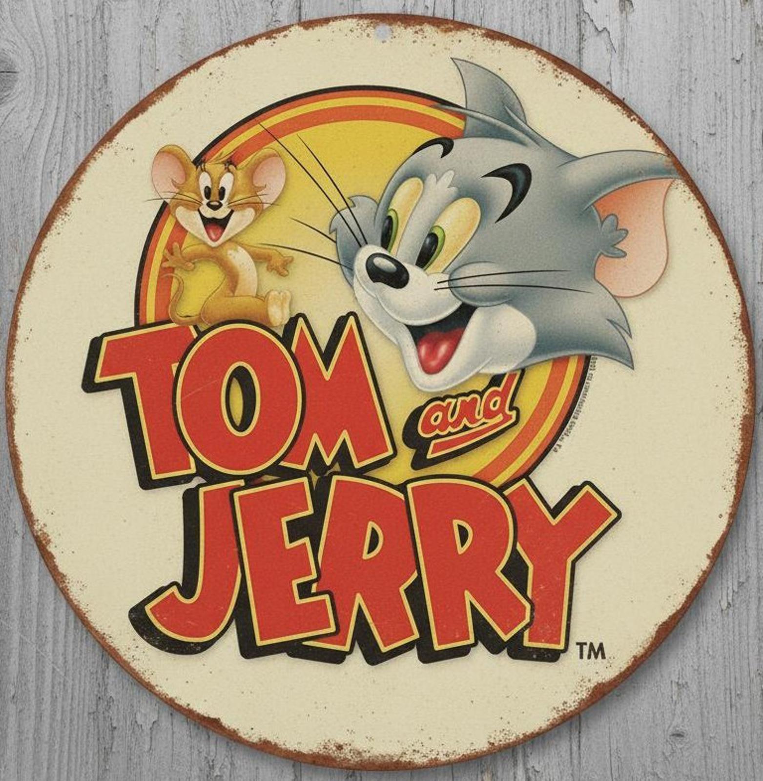 Tom & Jerry Cartoon 12" Diameter Vintage Novelty Metal Sign Made In USA