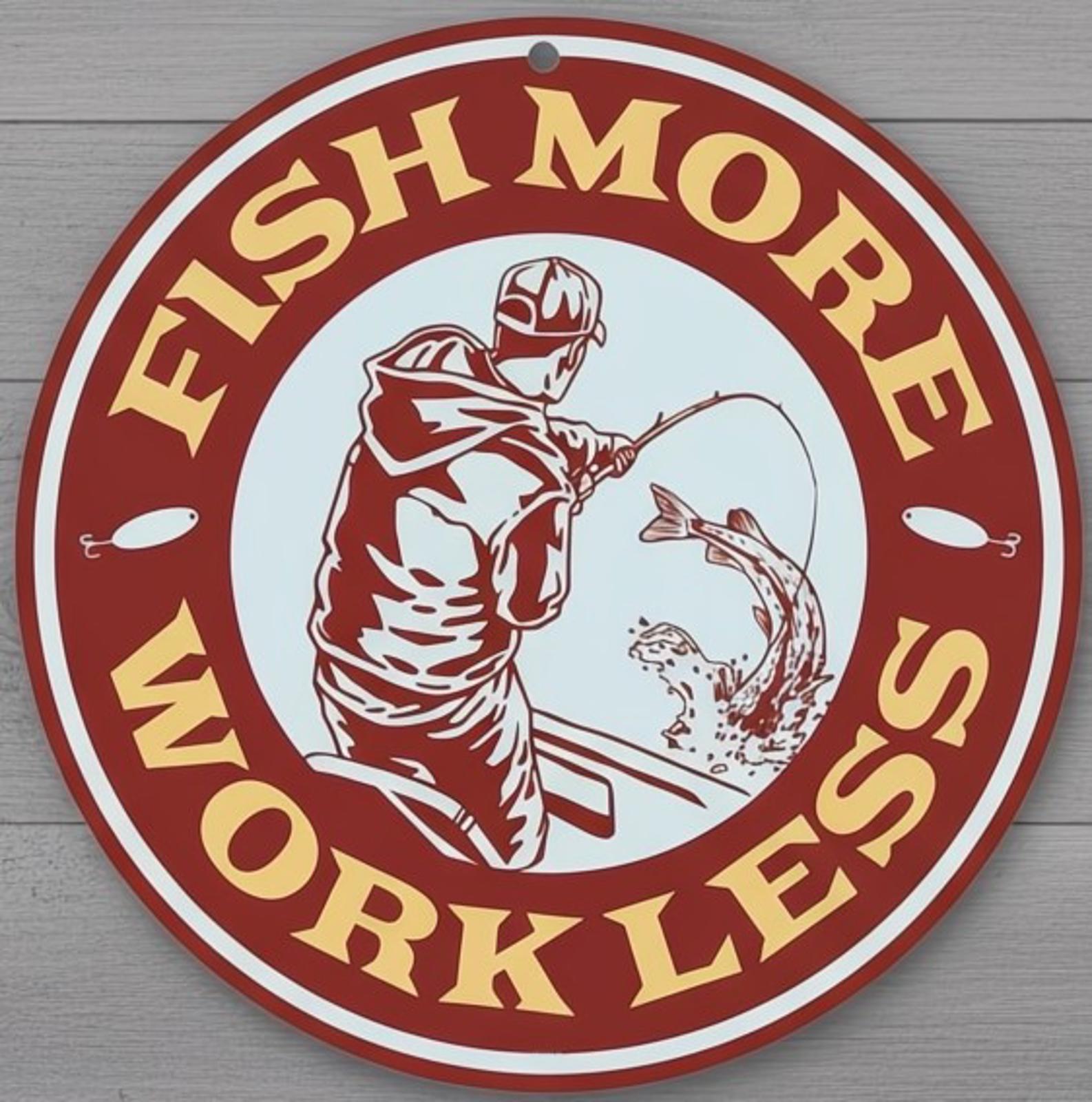 Fish More Work Less 8" Diameter Novelty Metal Sign Made In USA