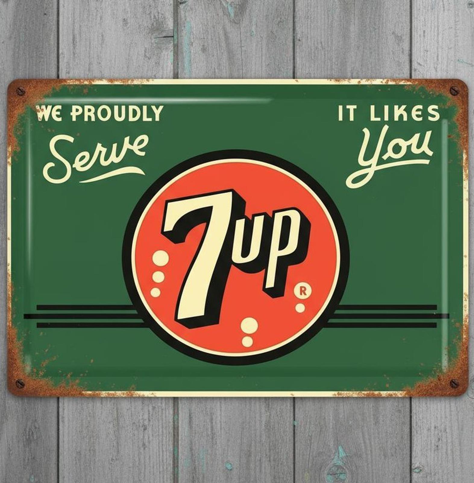 We Proudly Serve 7up 8 x 12 Vintage Novelty Metal Sign Made In USA New!