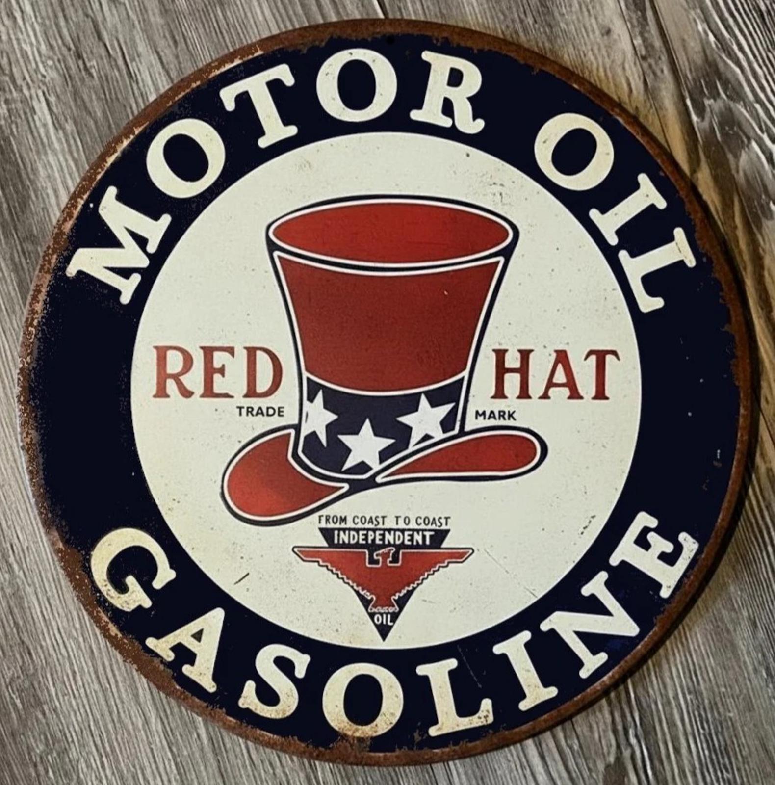 Red Hat Motor Oil Gasoline 8" Diameter Vintage Novelty Metal Sign Made In USA