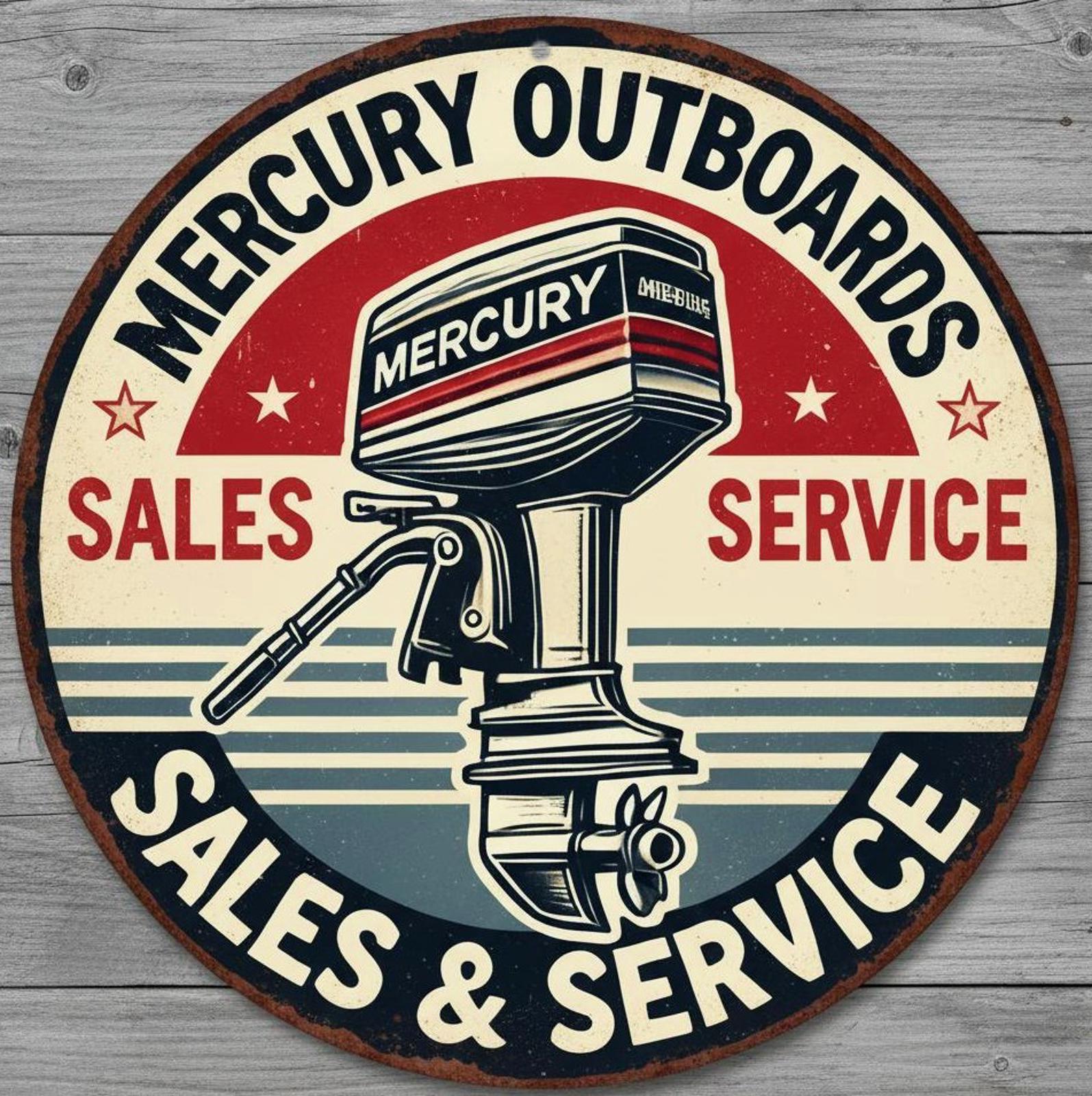 Mercury Outboards Sales & Service 12" Diameter Novelty Metal Sign Made In USA