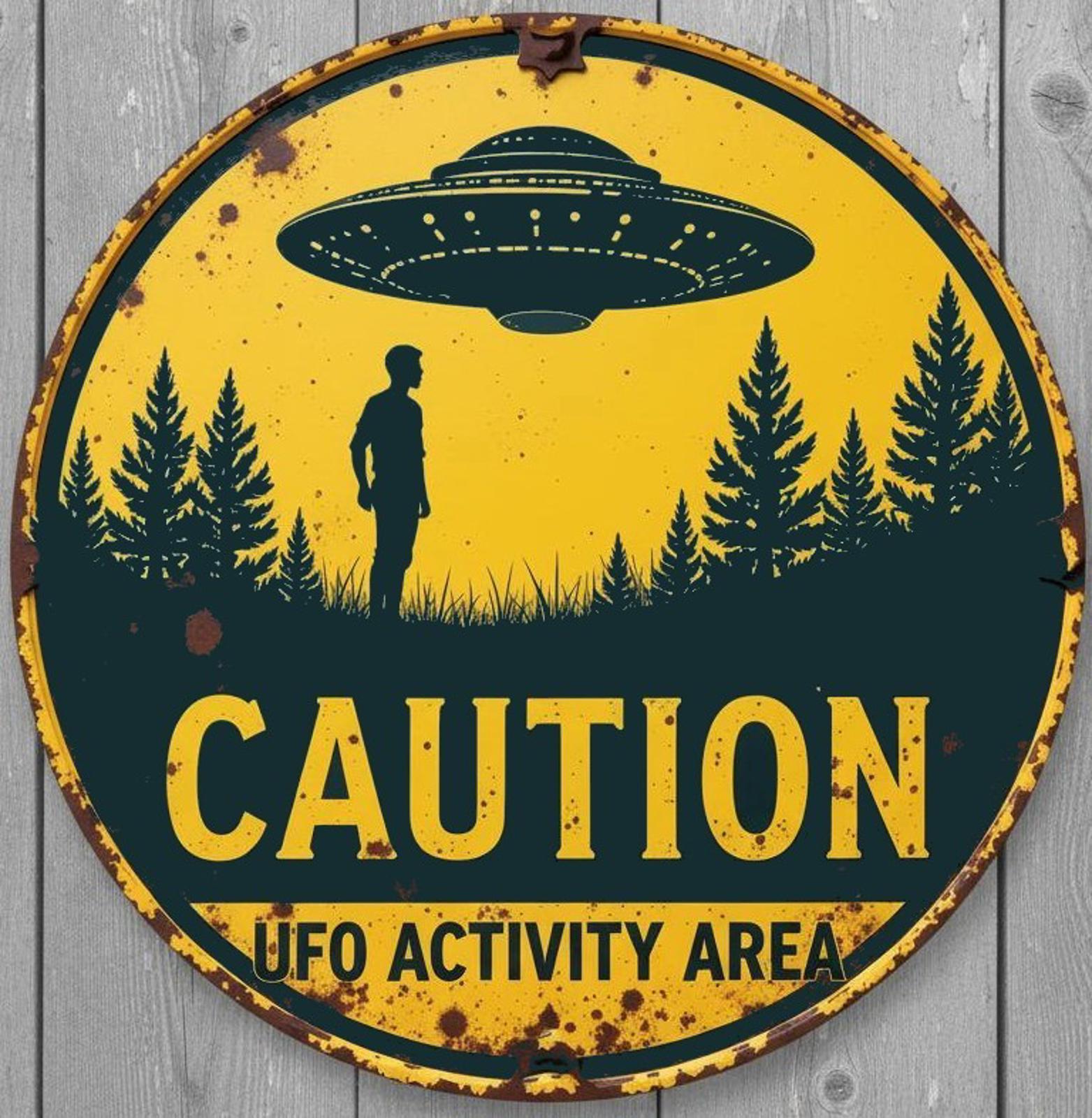 Caution UFO Activity Area 12" Diameter Vintage Novelty Metal Sign Made In USA