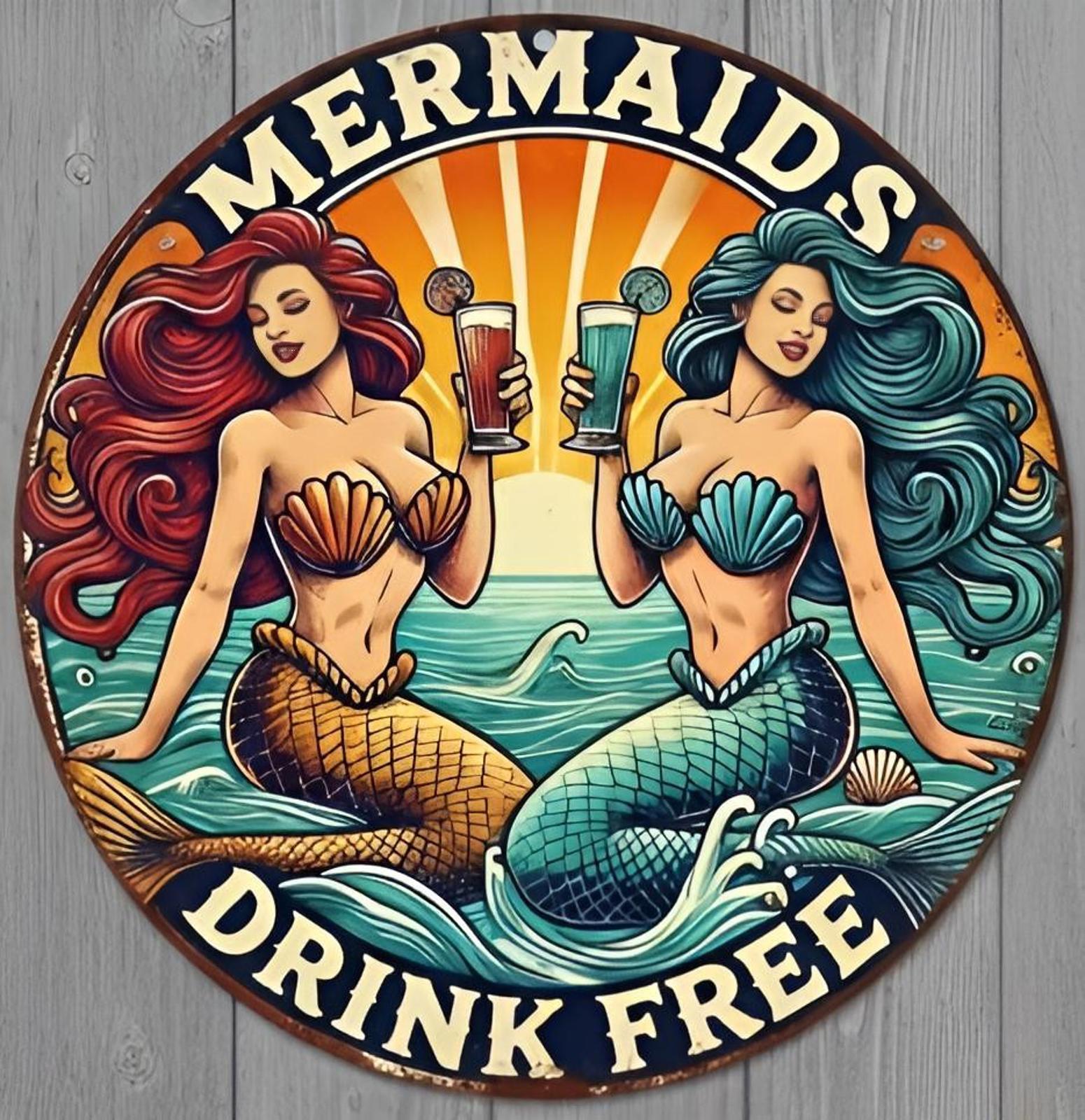 Mermaids Drink Free 8" Diameter Novelty Metal Sign Made In USA