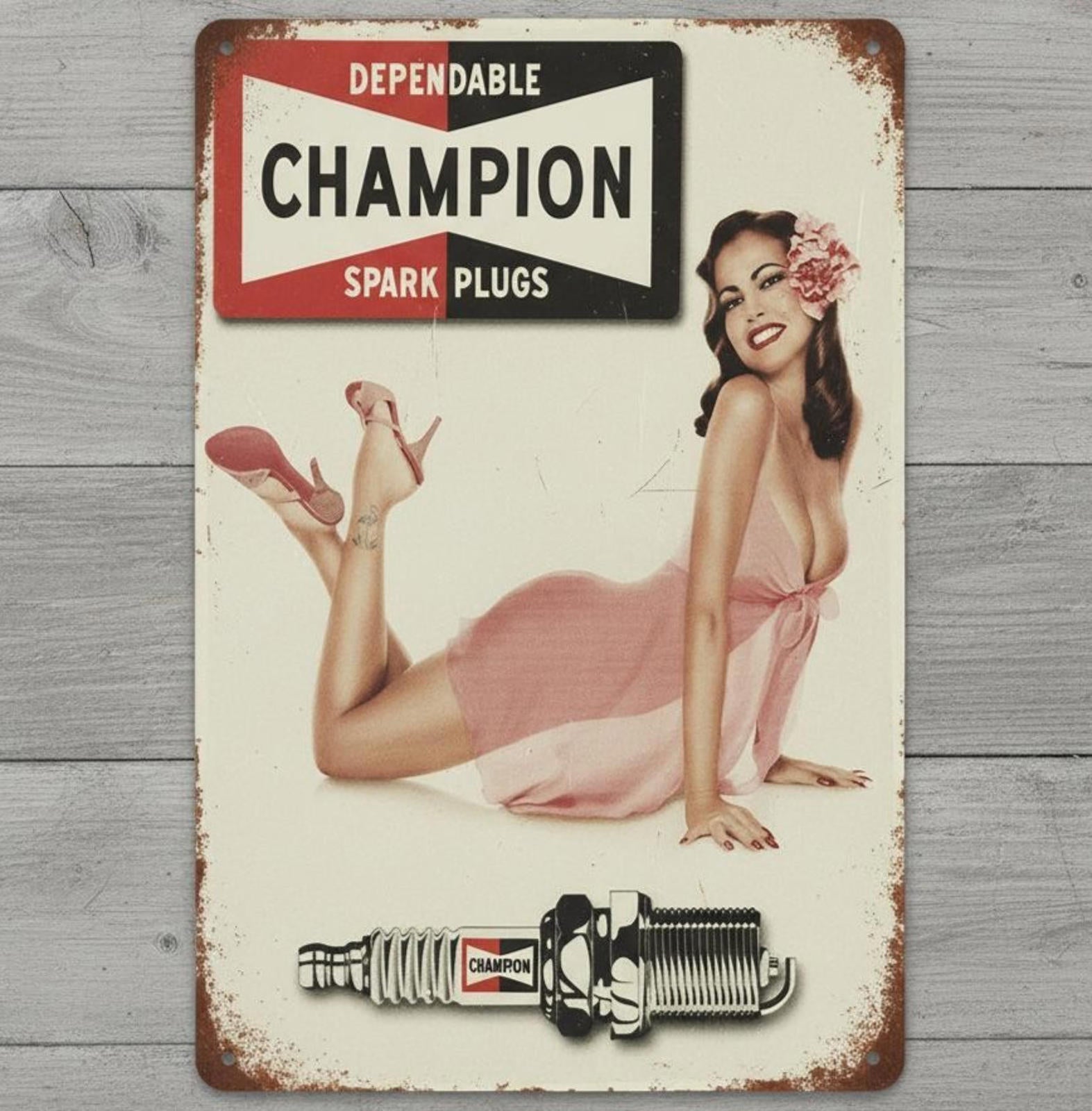 Dependable Champion Spark Plugs 8 x 12 Vintage Novelty Metal Sign Made In USA