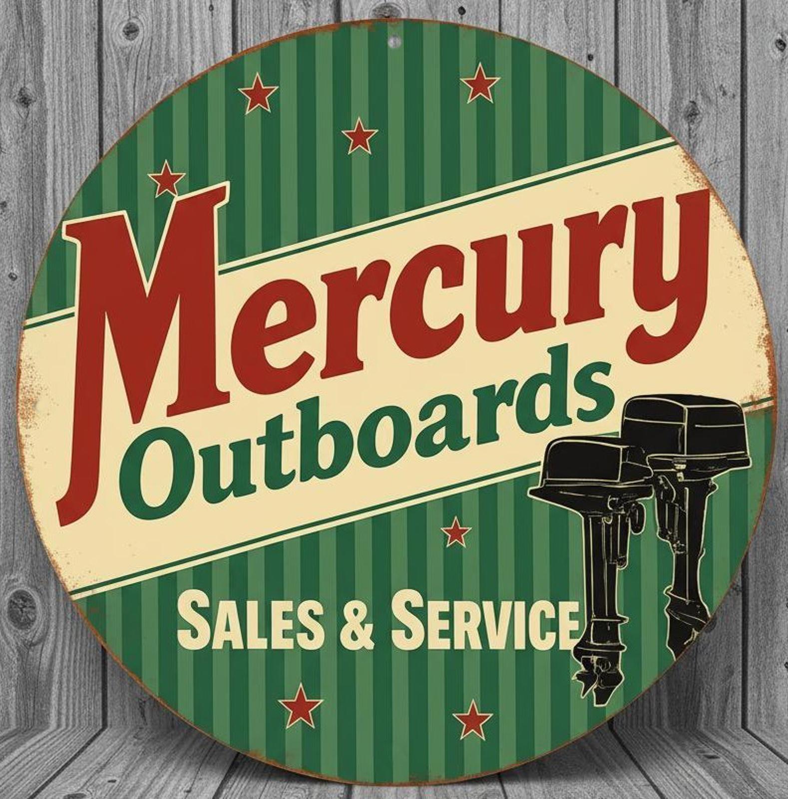 Mercury Outboards Sales & Service 12" Diameter Novelty Metal Sign Made In USA