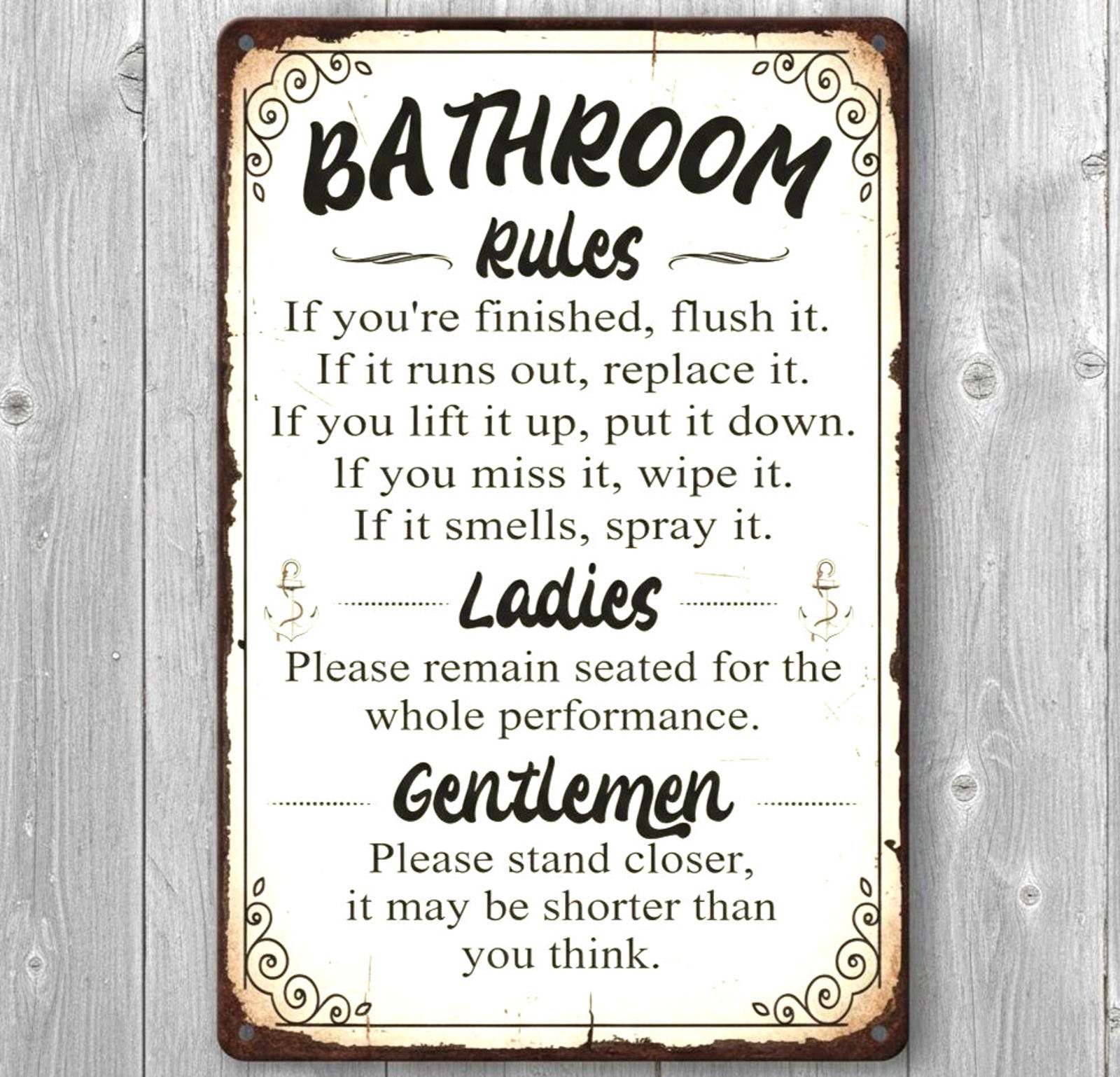 Bathroom Rules Ladies & Gentlemen 8 x 12 Vintage Novelty Metal Sign Made In USA