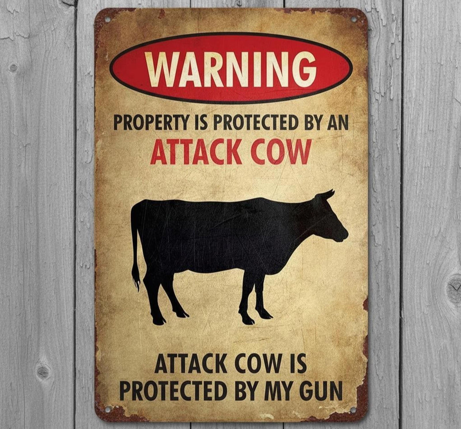 Warning Attack Cow 8 x 12 Vintage Novelty Metal Sign Made In USA New!