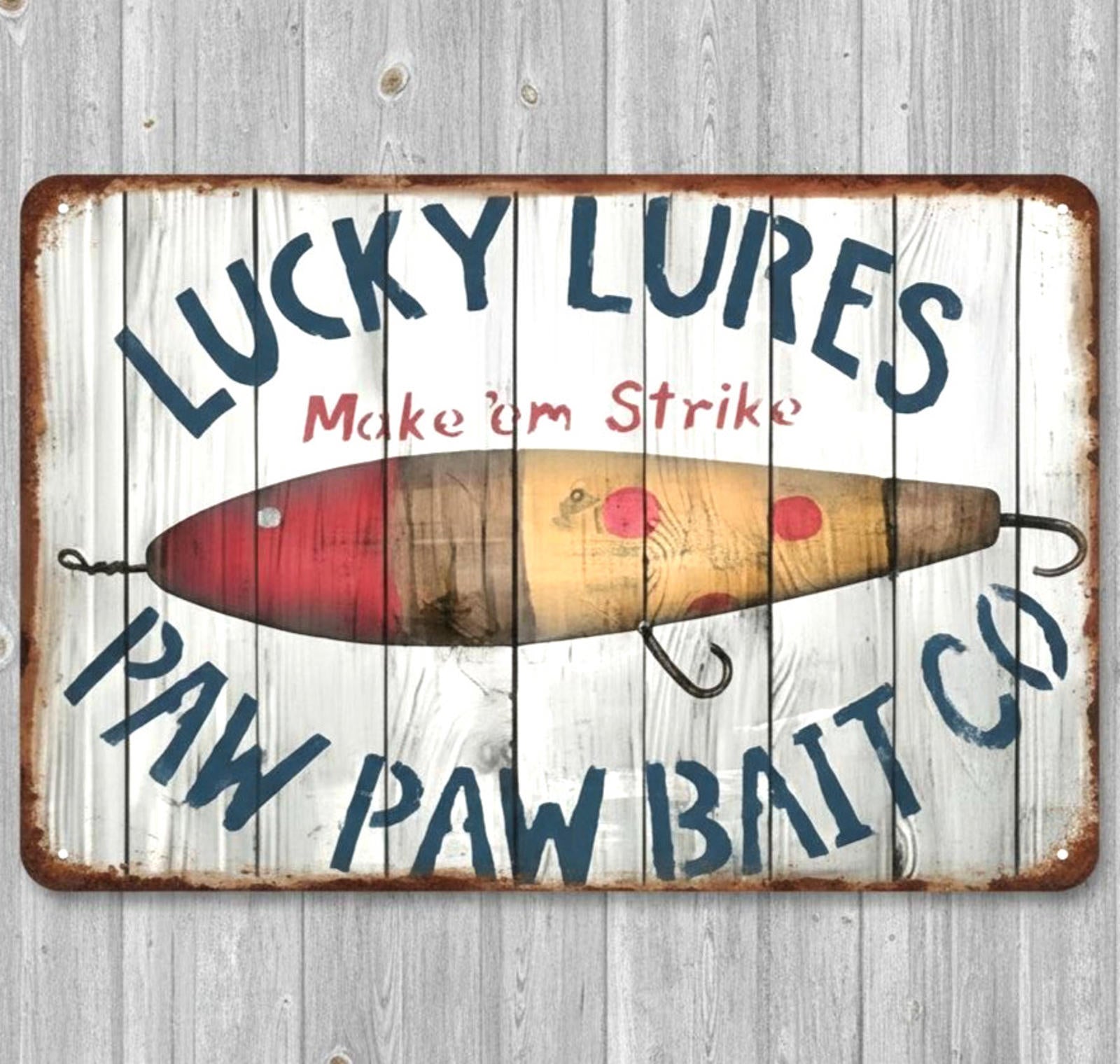 Lucky Lures Paw Paw Bait Co 8 x 12 Vintage Novelty Metal Sign Made In USA