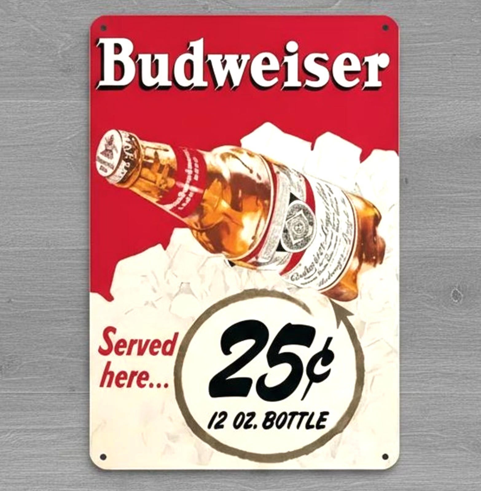 Budweiser Served Here 25 Cents 8 x 12 Novelty Metal Sign Shrink-Wrapped New!