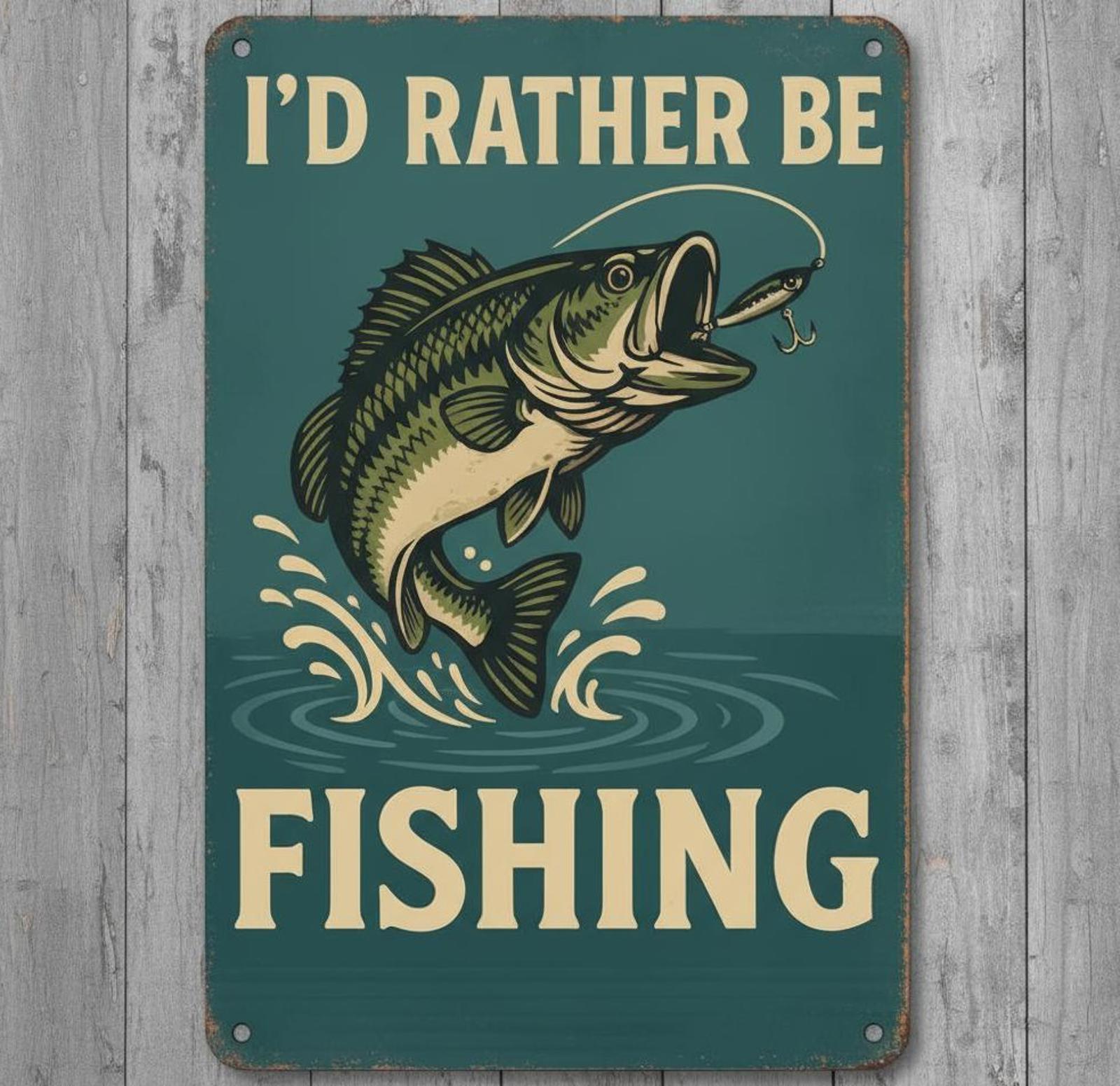 I'd Rather Be Fishing 8 x 12 Vintage Novelty Metal Sign Made In USA New!