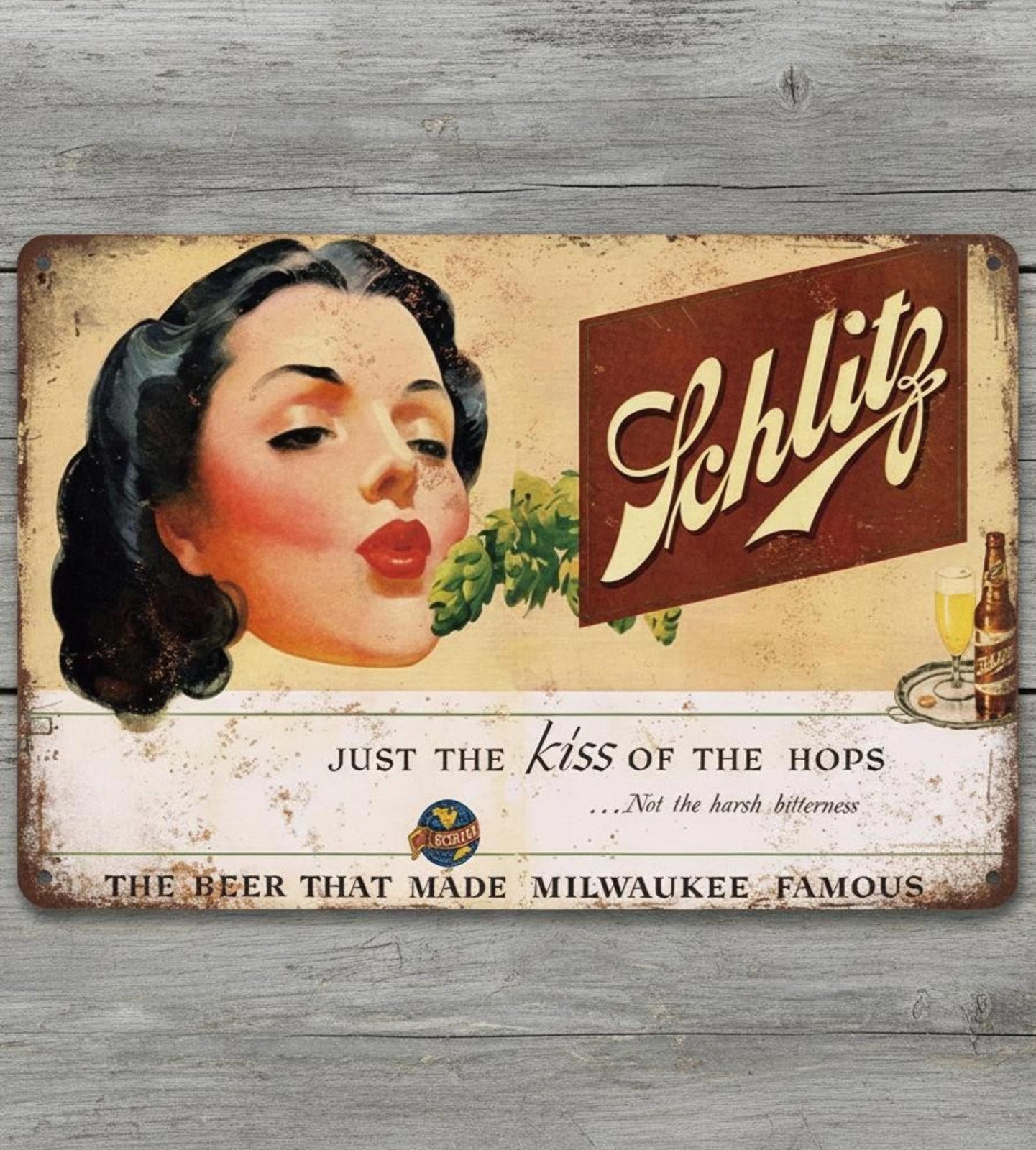 Schlitz Beer The Kiss Of The Hops 8 x 12 Vintage Novelty Metal Sign Made In USA