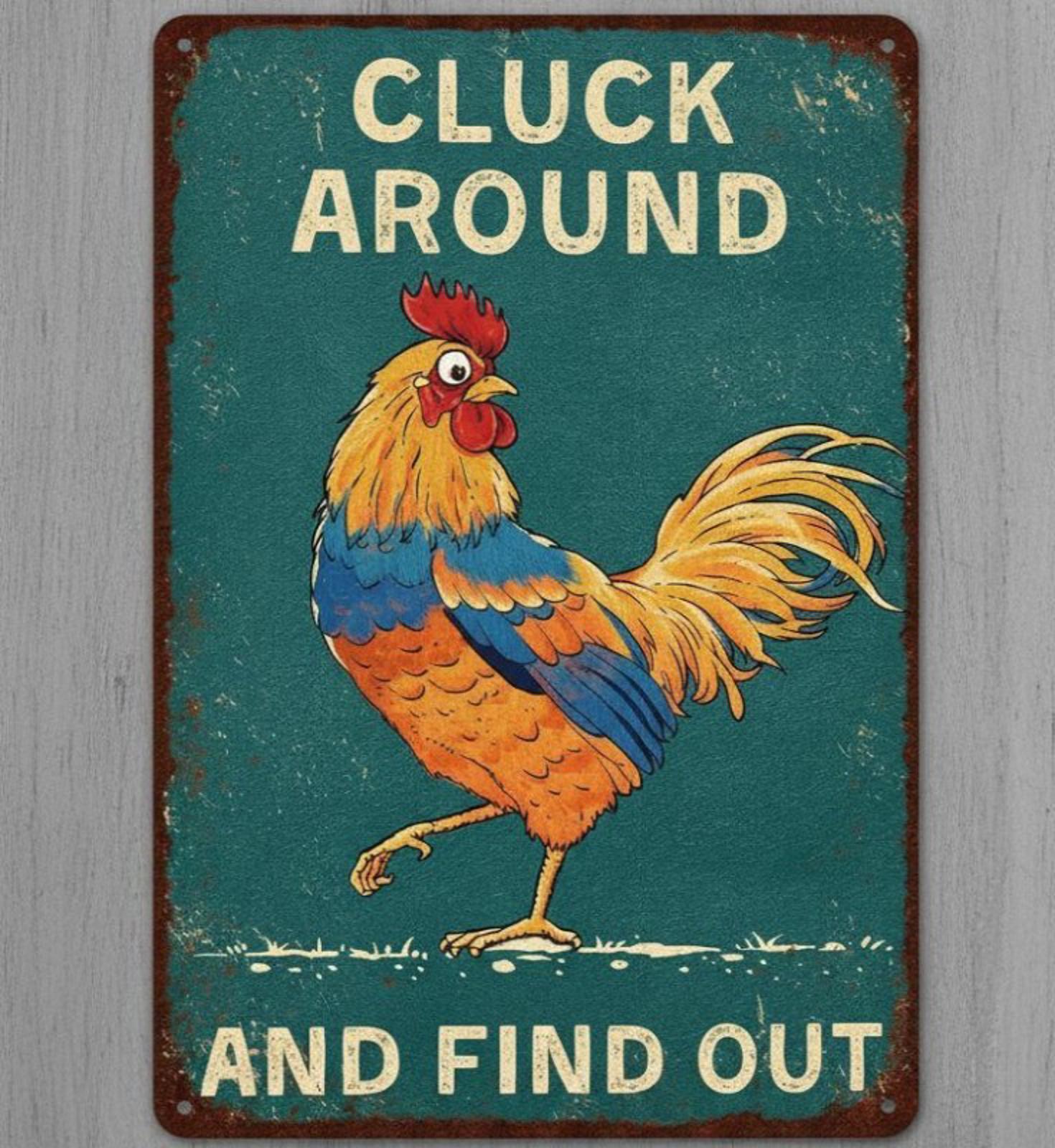 Cluck Around And Find Out 8 x 12 Vintage Novelty Metal Sign Made In USA