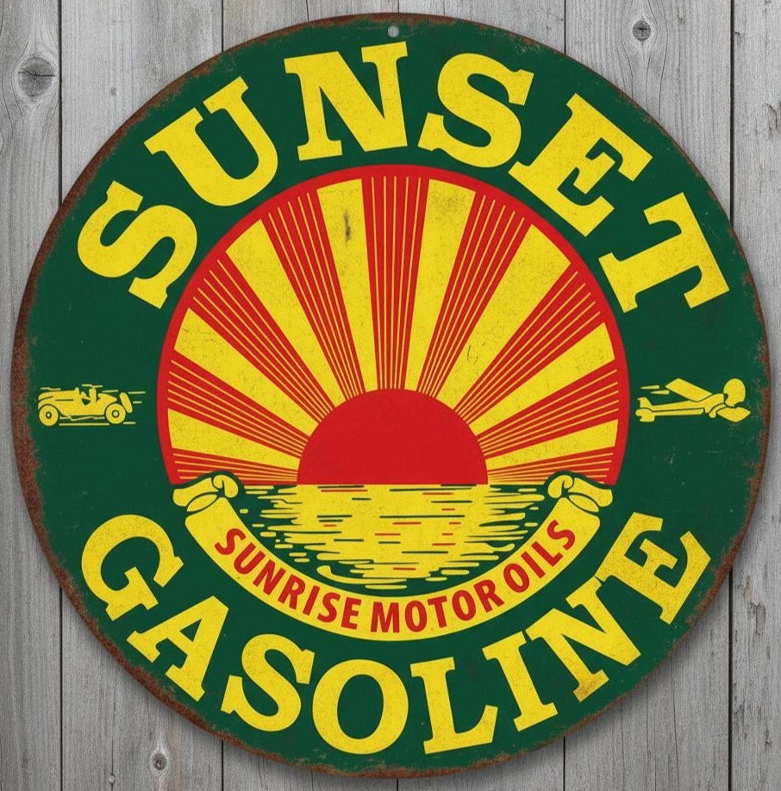 Sunset Gasoline 8" Diameter Vintage Novelty Metal Sign Made In USA