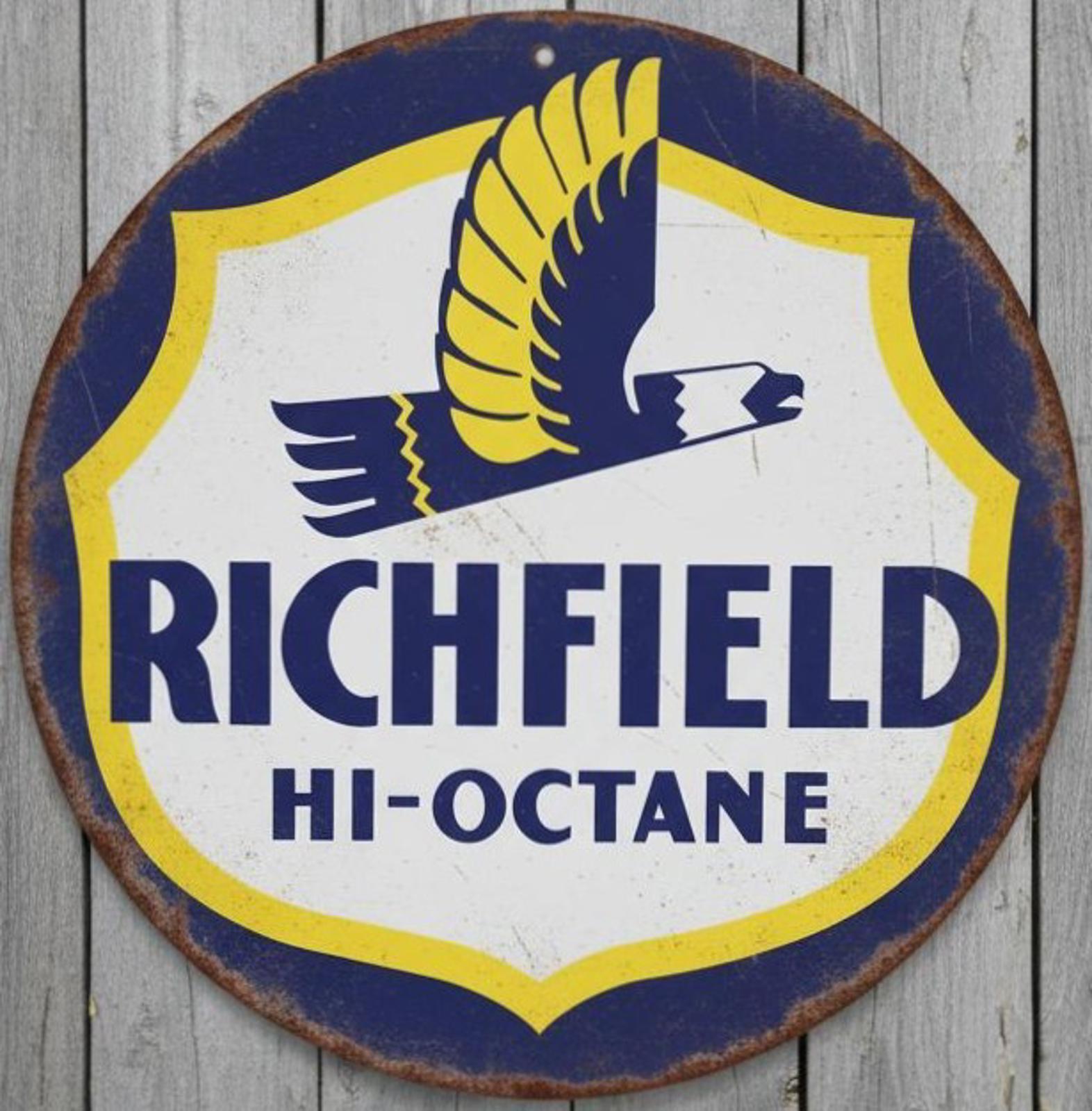Richfield Hi-Octane Gasoline 8" Diameter Vintage Novelty Metal Sign Made In USA