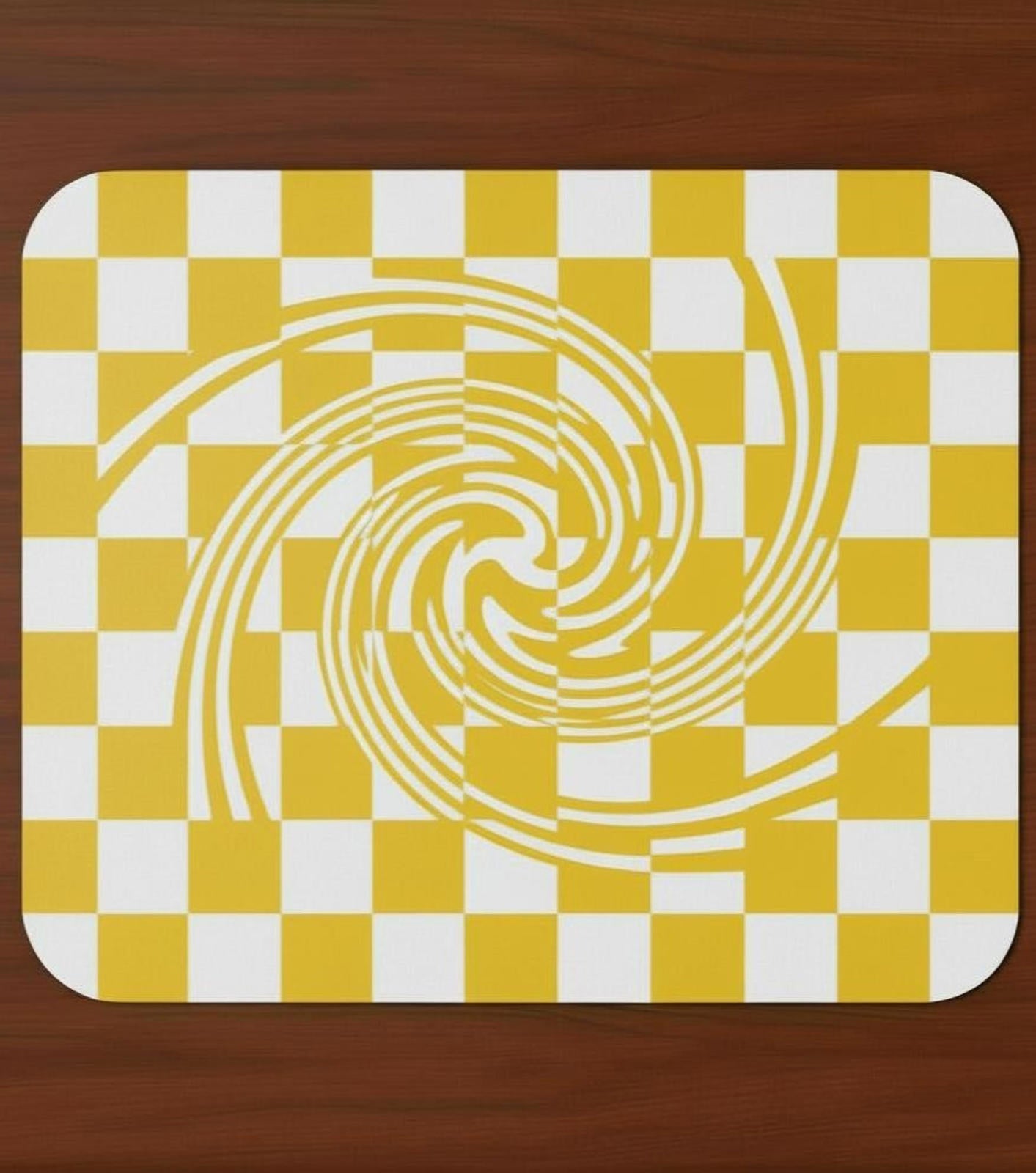 Yellow Checkerboard Swirl 9.5 x 8 Mouse Pad With Anti-Slip Rubber Back USA Made