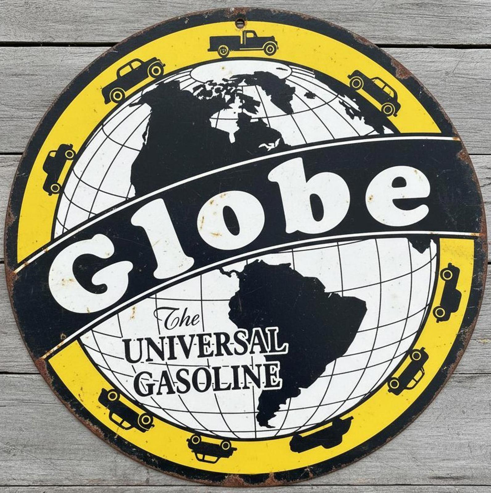 Globe The Universal Gasoline 8" Diameter Vintage Novelty Metal Sign Made In USA