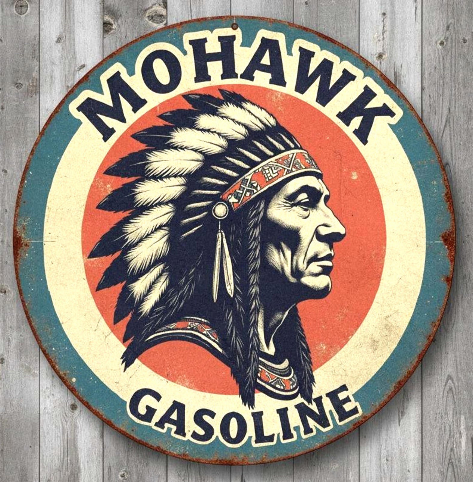 Mohawk Gasoline 12" Diameter Vintage Novelty Metal Sign Made In USA