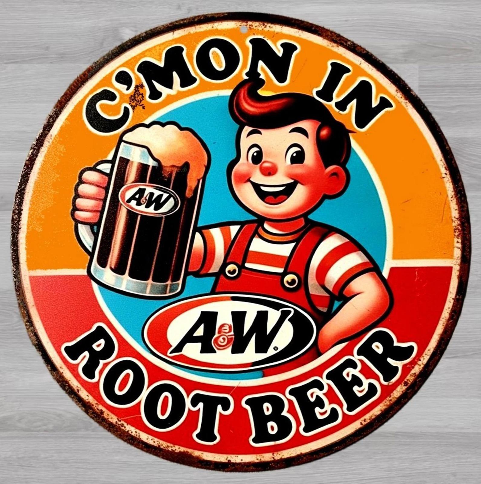 A & W Root Beer 8" Diameter Vintage Novelty Metal Sign Made In USA