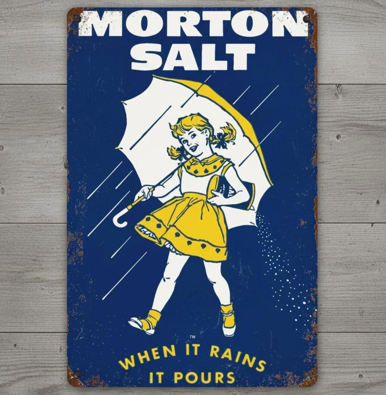 Morton Salt When It Rains It Pours 8 x 12 Vintage Novelty Metal Sign Made In USA