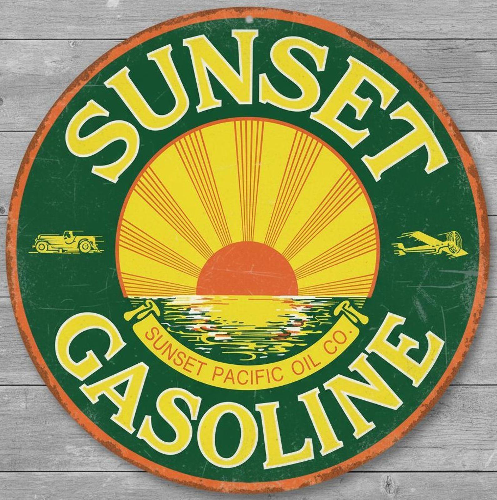 Sunset Gasoline 12" Diameter Vintage Novelty Metal Sign Made In USA New!