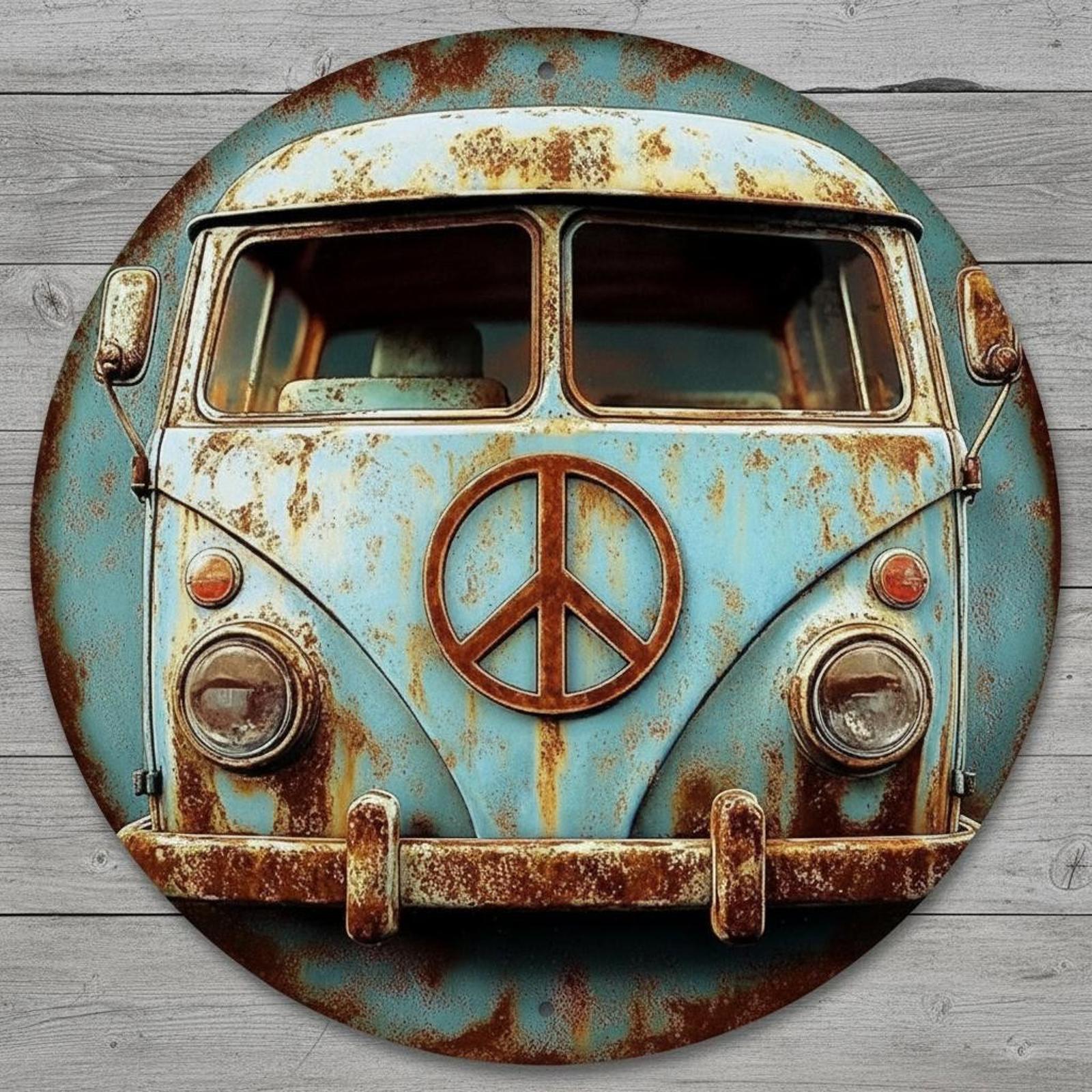 VW Style Bus Peace 8" Diameter Vintage Novelty Metal Sign Made In USA New!