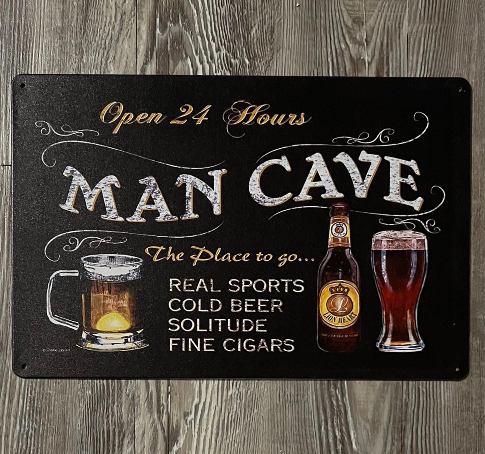 Man Cave Open 24 Hours 8 x 12 Vintage Novelty Metal Sign Shrink-Wrapped New!