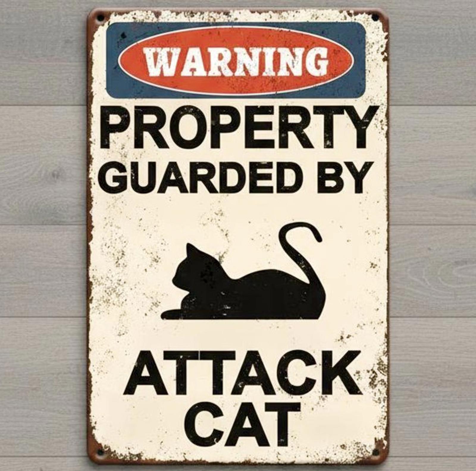 Warning Property Guarded By Attack Cat 8 x 12 Vintage Novelty Metal Sign New!