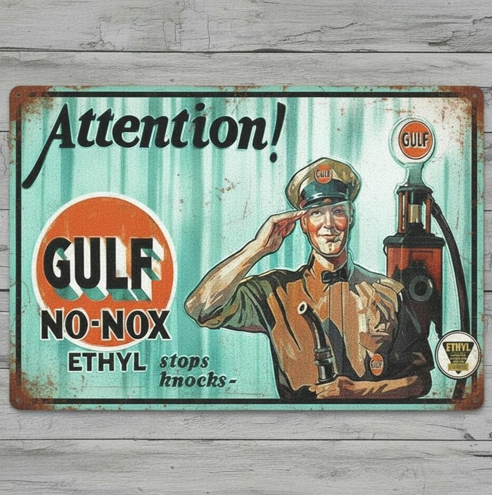 Gulf No-Nox Gasoline 8 x 12 Vintage Novelty Metal Sign Made In USA New!