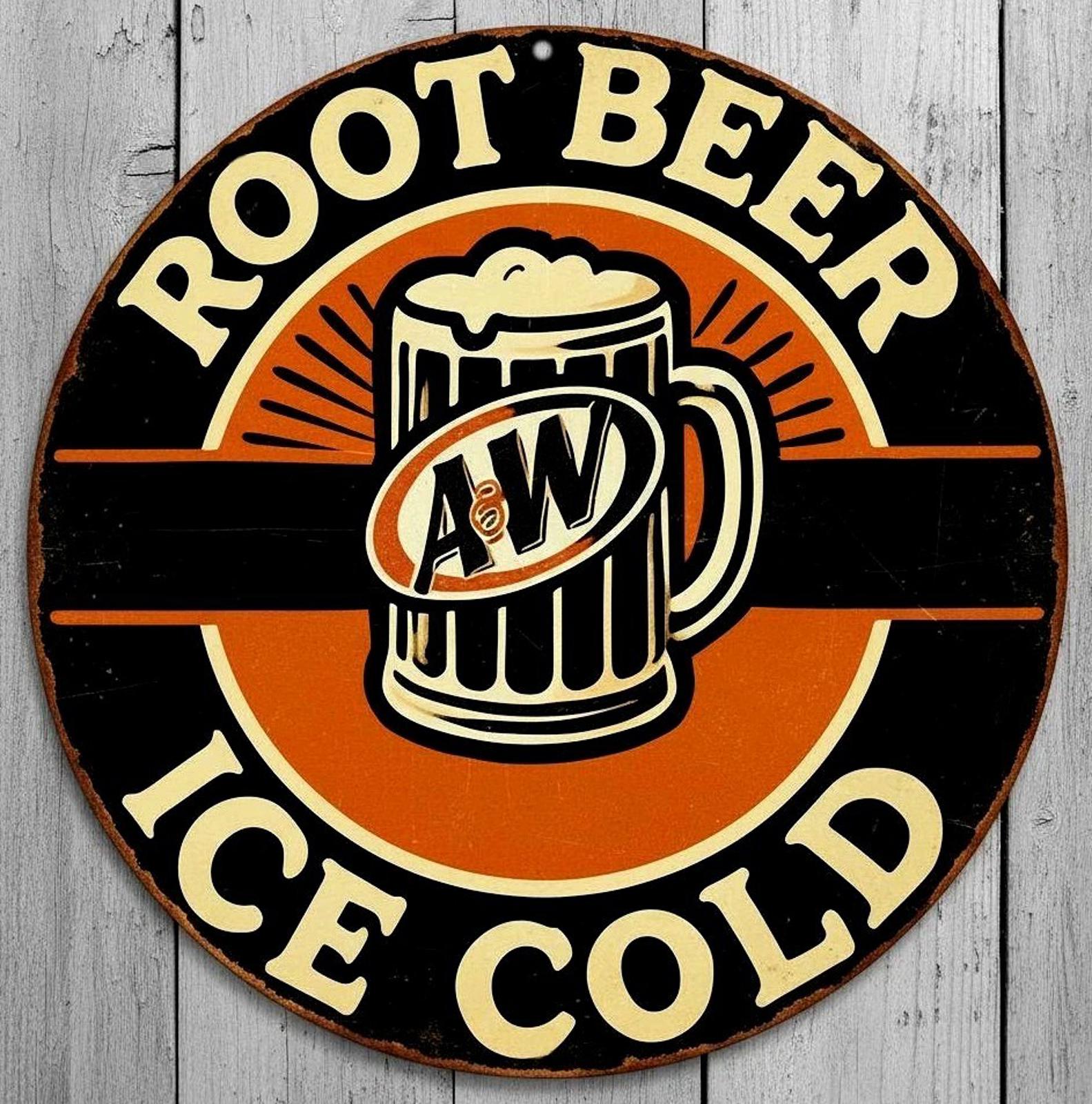 A & W Ice Cold Root Beer 12" Diameter Vintage Novelty Metal Sign Made In USA New