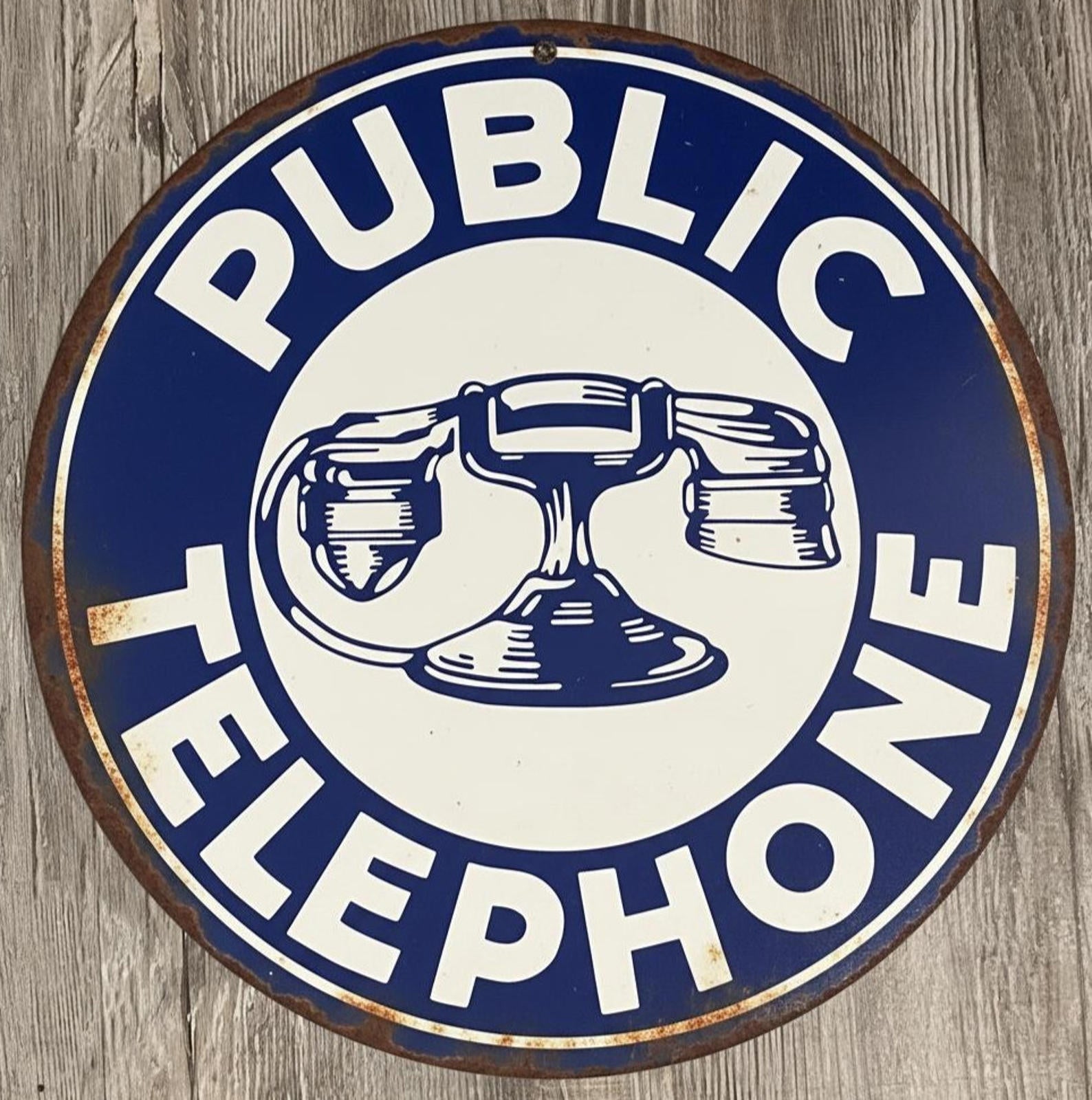 Public Telephone 8" Diameter Vintage Novelty Metal Sign Made In USA New!
