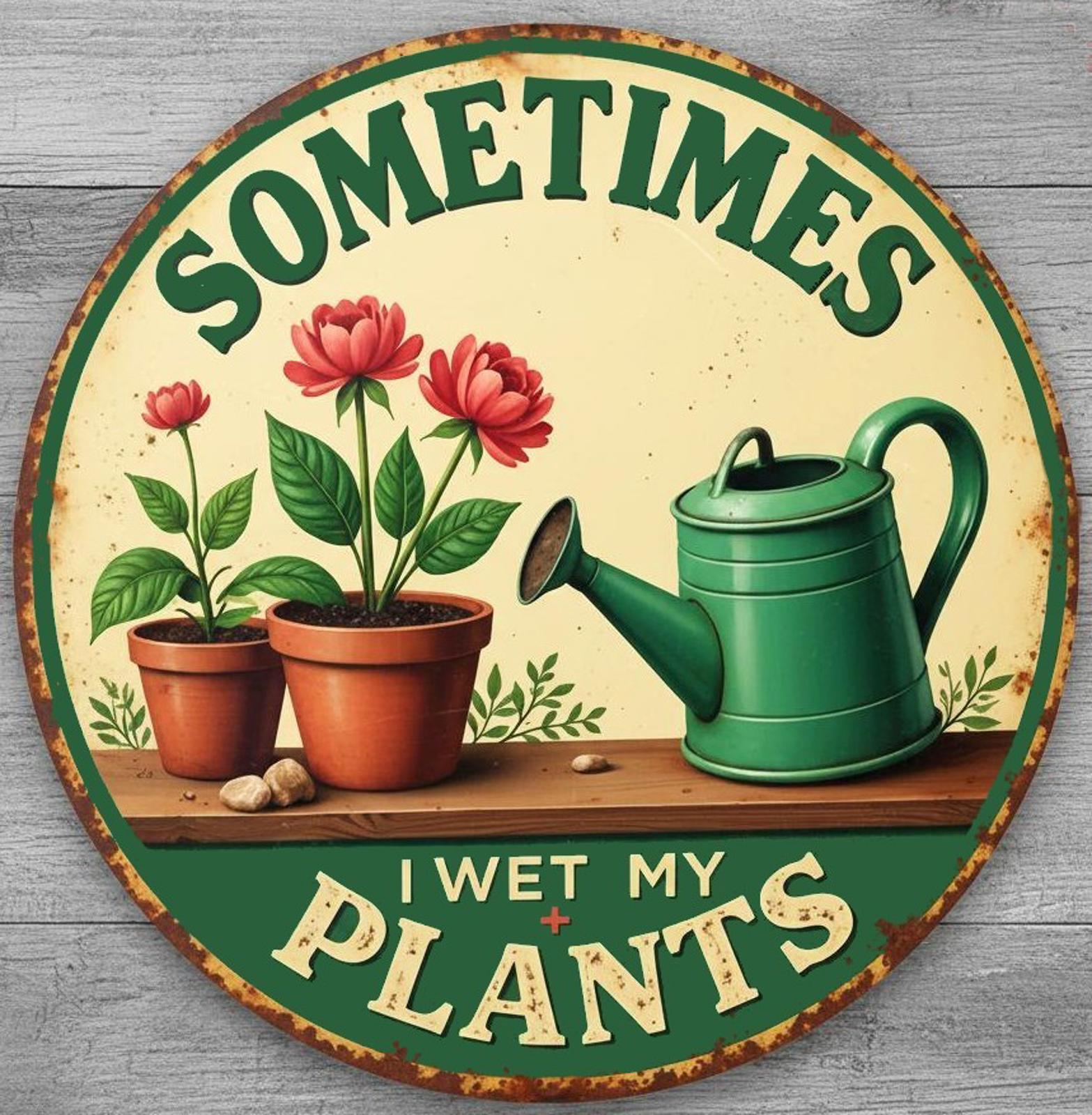 Sometimes I Wet My Plants 8" Diameter Vintage Novelty Metal Sign Made In USA