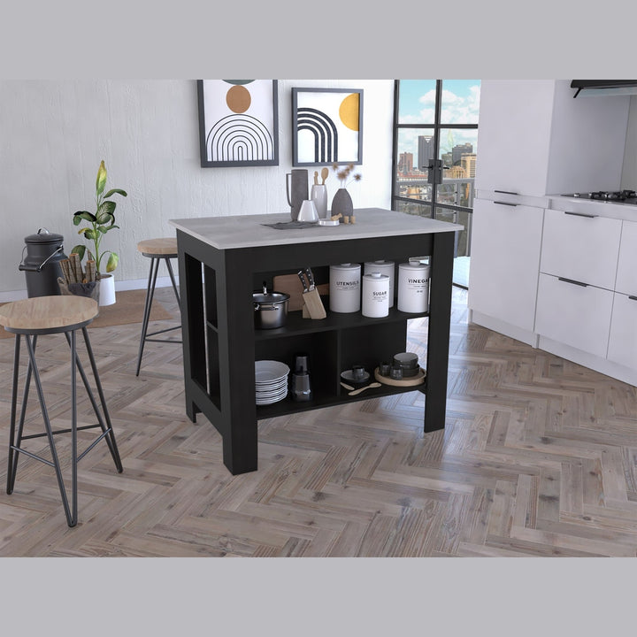 Cala Kitchen Island; Four Legs; Three Shelves -Black / Ibiza Marble Style Your Walls as Pic